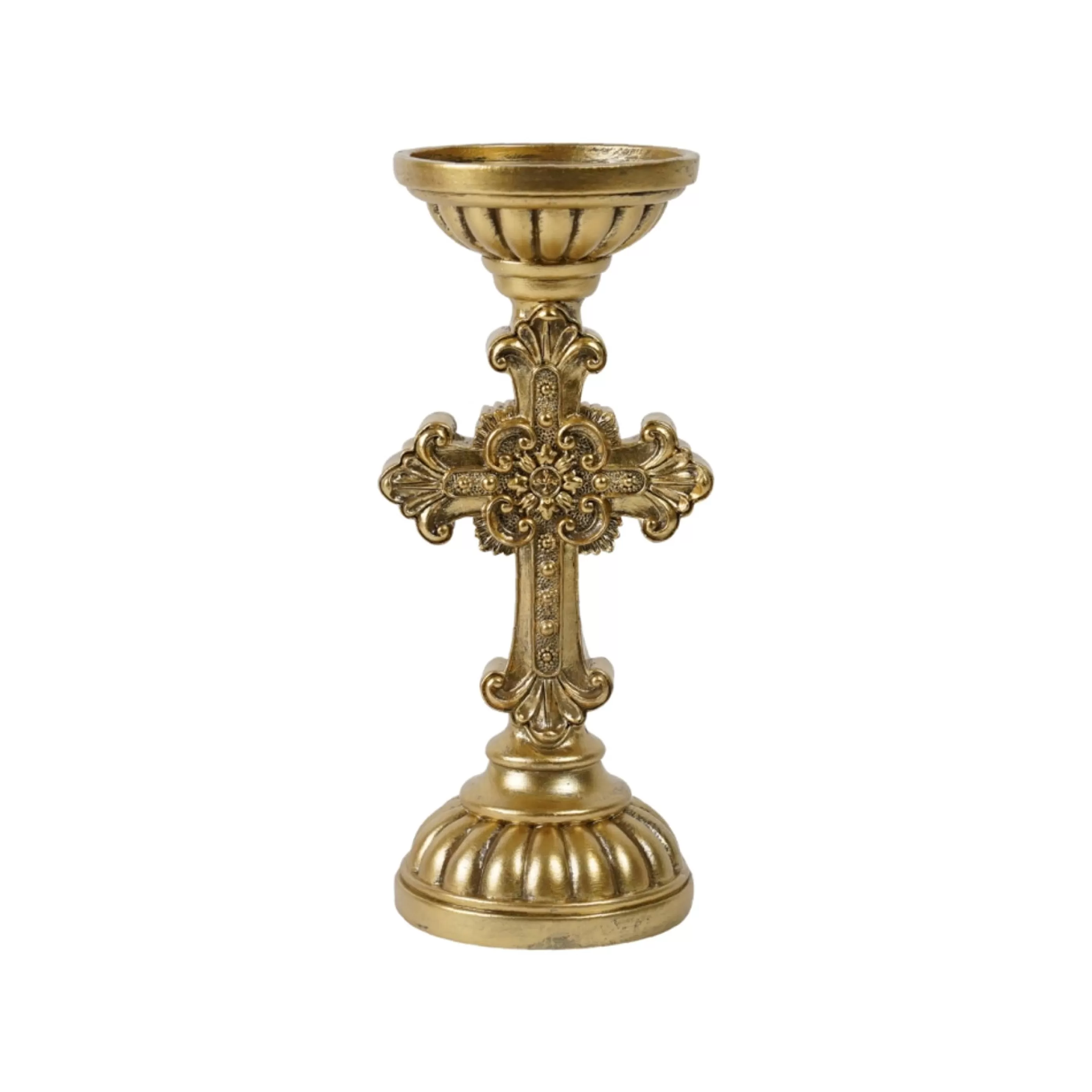 * Table Top Decorations | Antique Gold Cross Candleholder - 31.5Cm