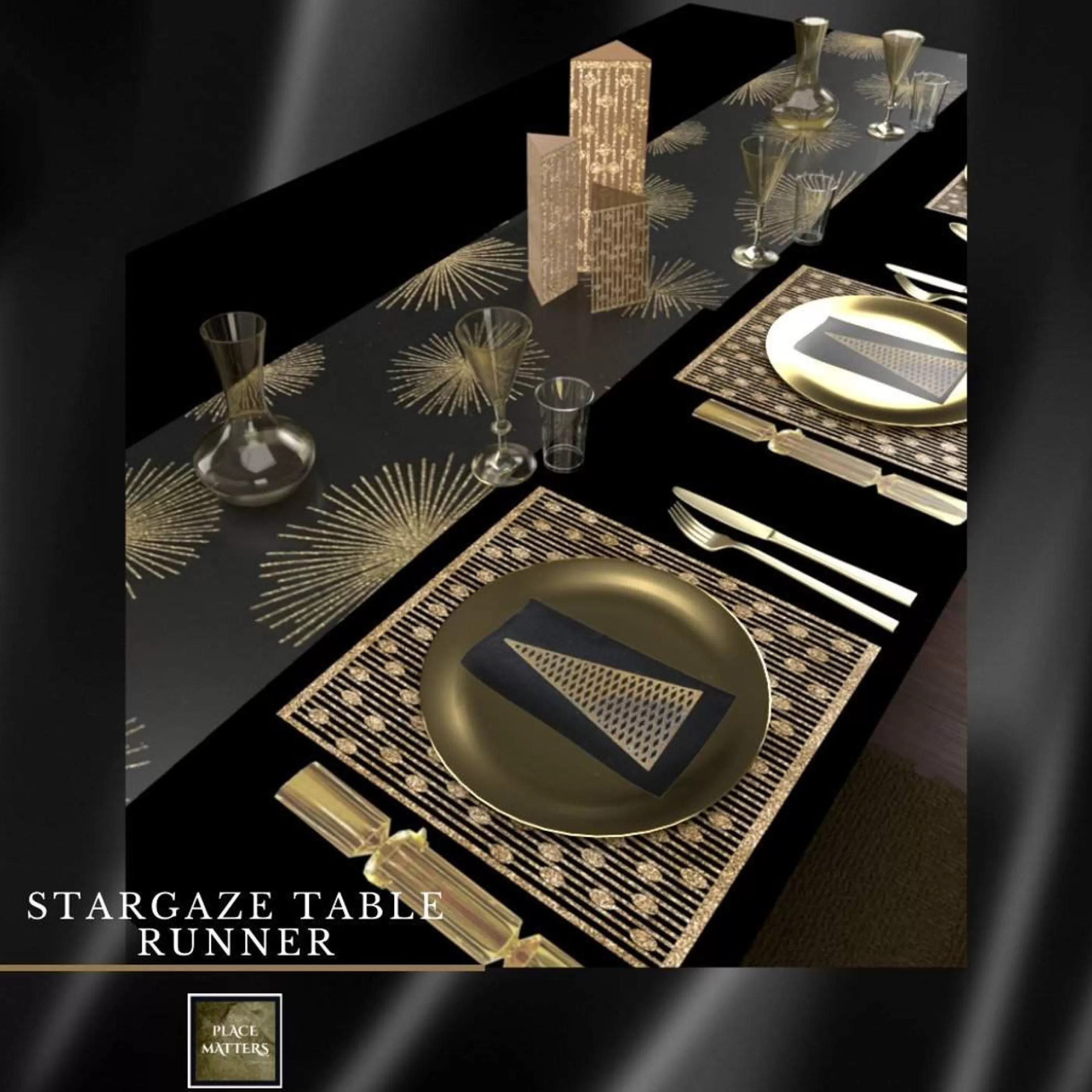 * Table Top Decorations | Black Gold Stargaze Table Runner - 28Cm