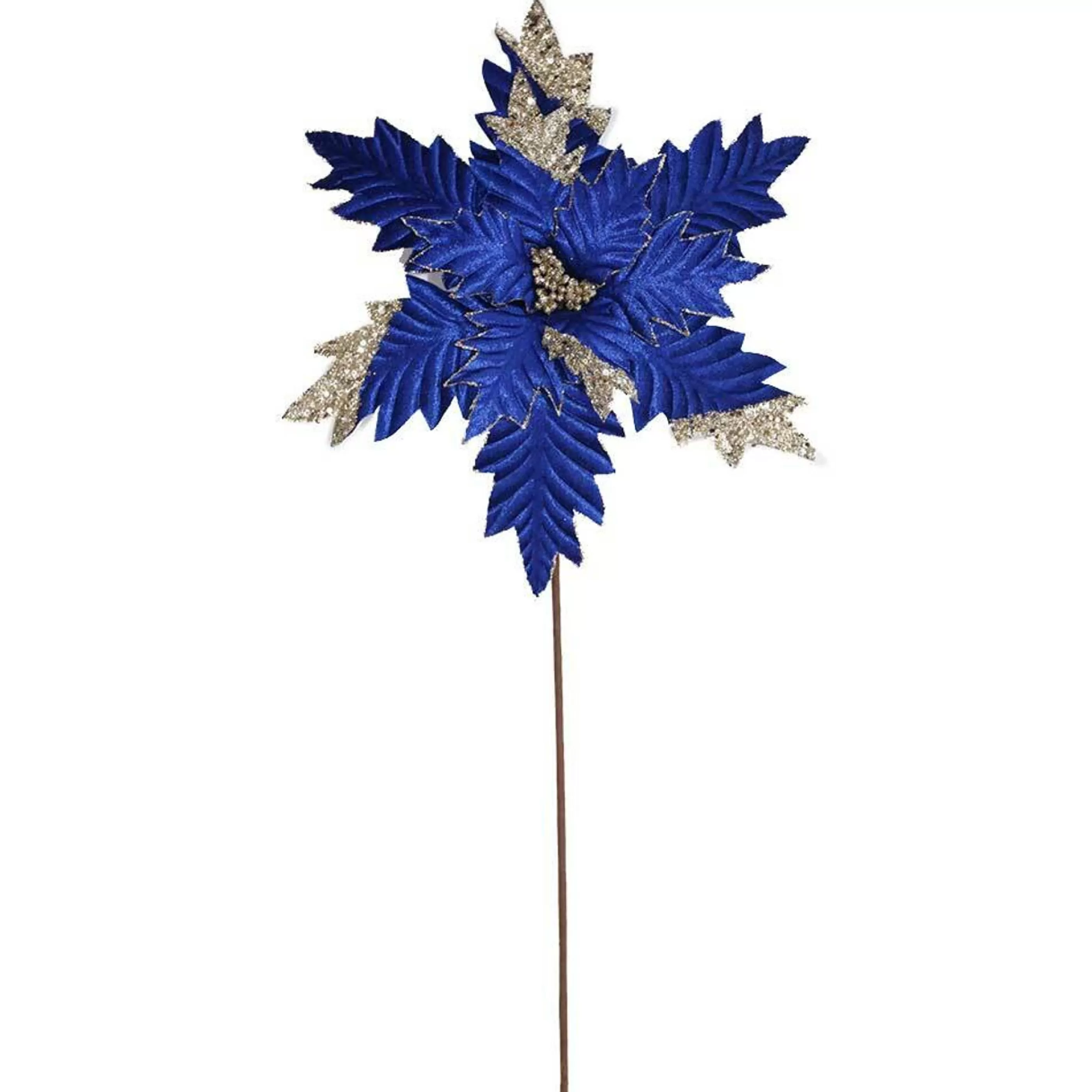 * Poinsettia Decorations | Blue And Silver Poinsettia On Stem - 34Cm