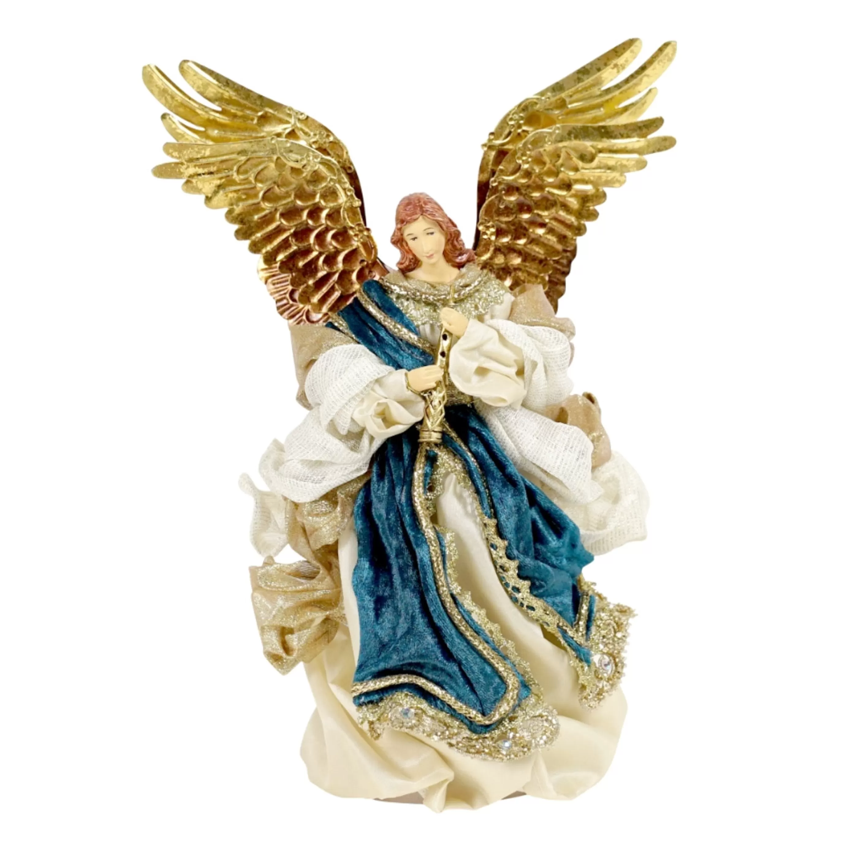 Sale * Blue Gold Angel With Flute - 25Cm