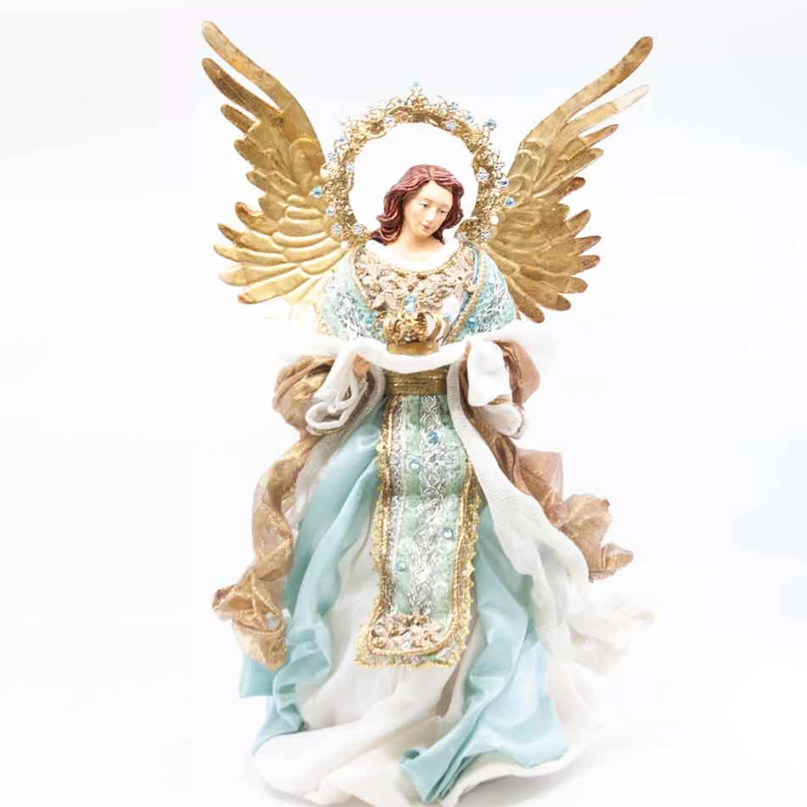 New * Blue Gold Standing Angel With Crown - 35Cm