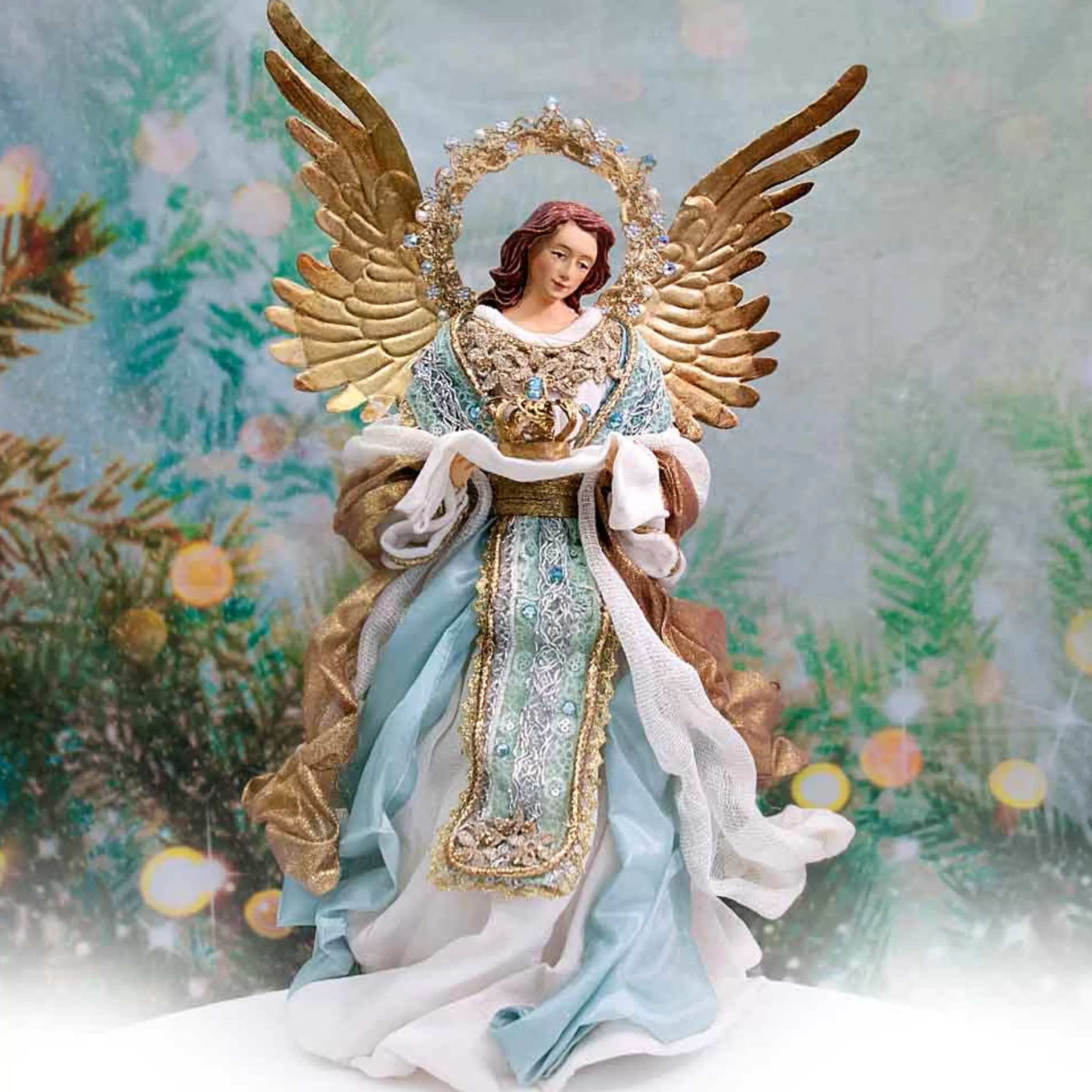 New * Blue Gold Standing Angel With Crown - 35Cm