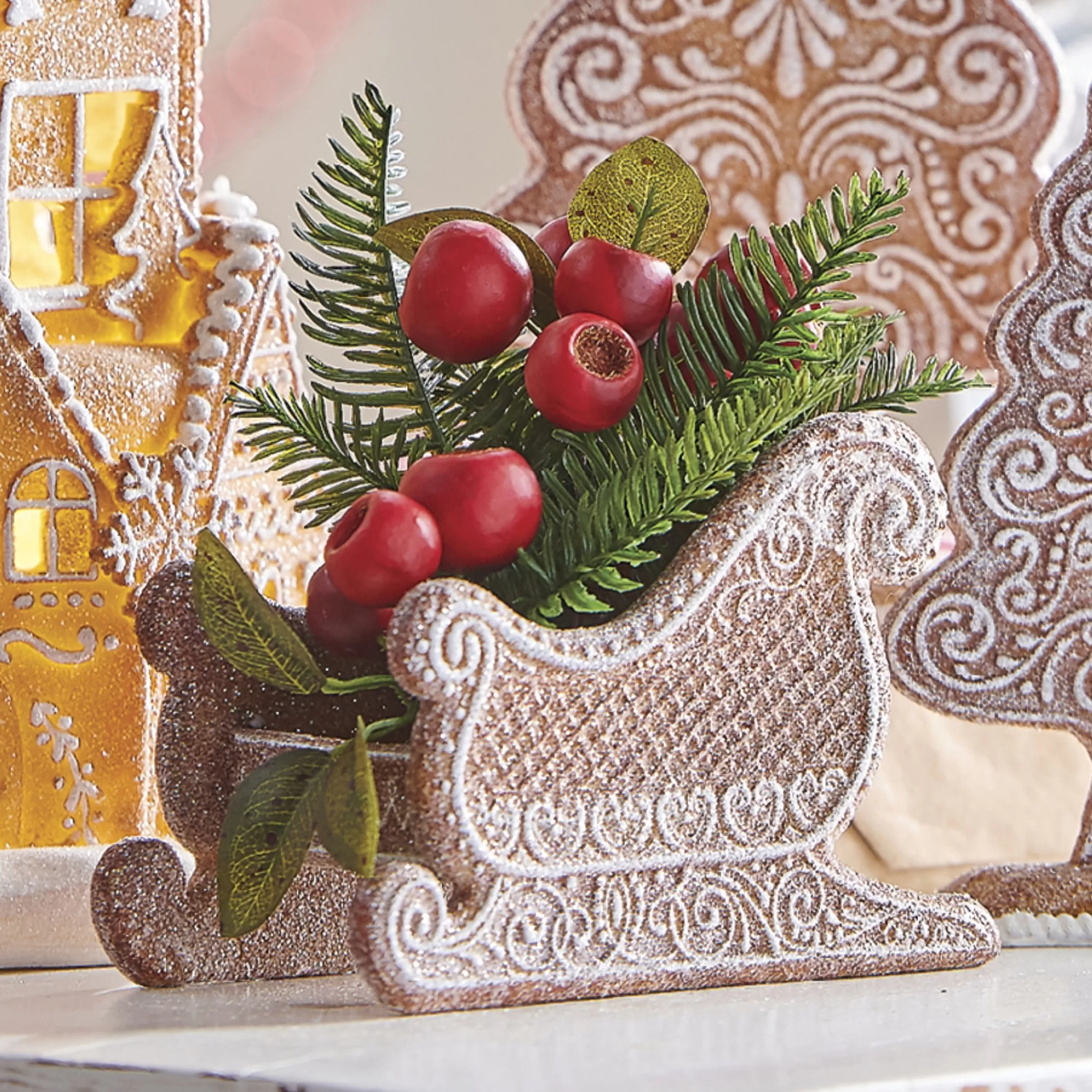 RAZ Imports Table Top Decorations | Brown Gingerbread With White Icing Sleigh - 18Cm