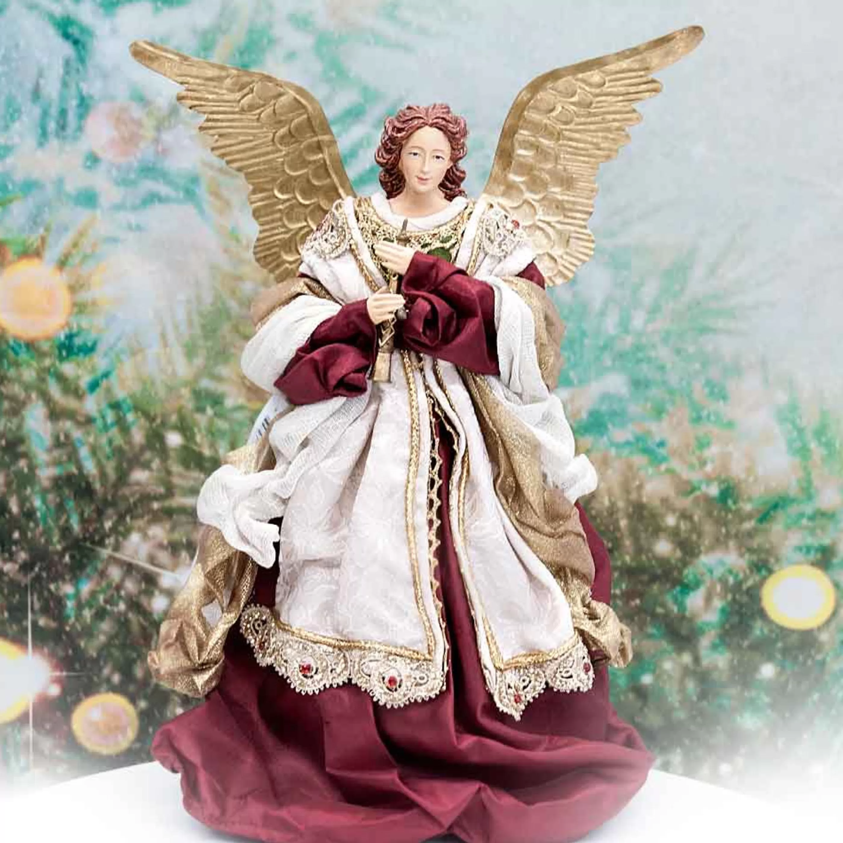 Clearance * Burgundy Standing Angel With Flute - 35Cm