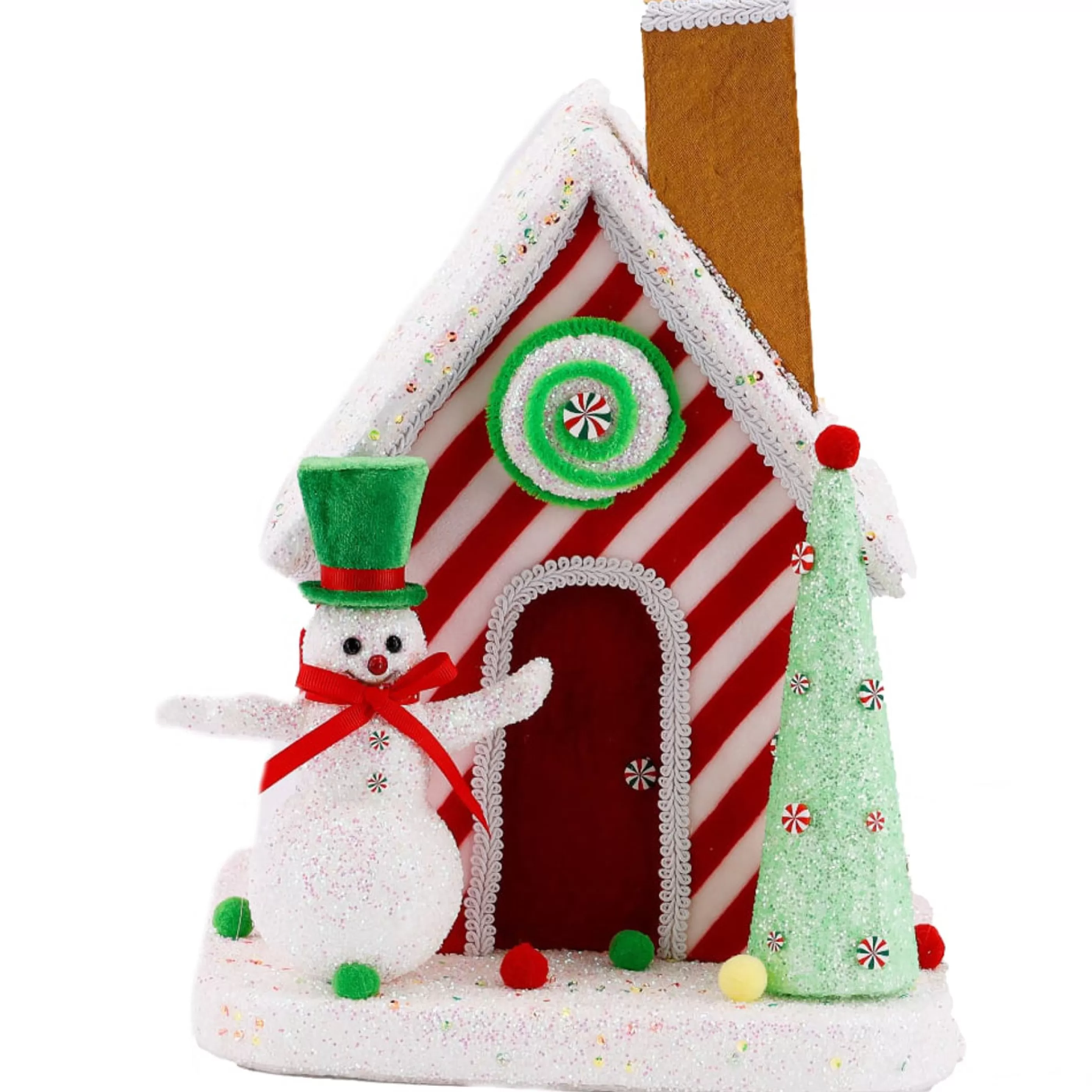 * Table Top Decorations | Candy Cane House With Snowman - 34Cm