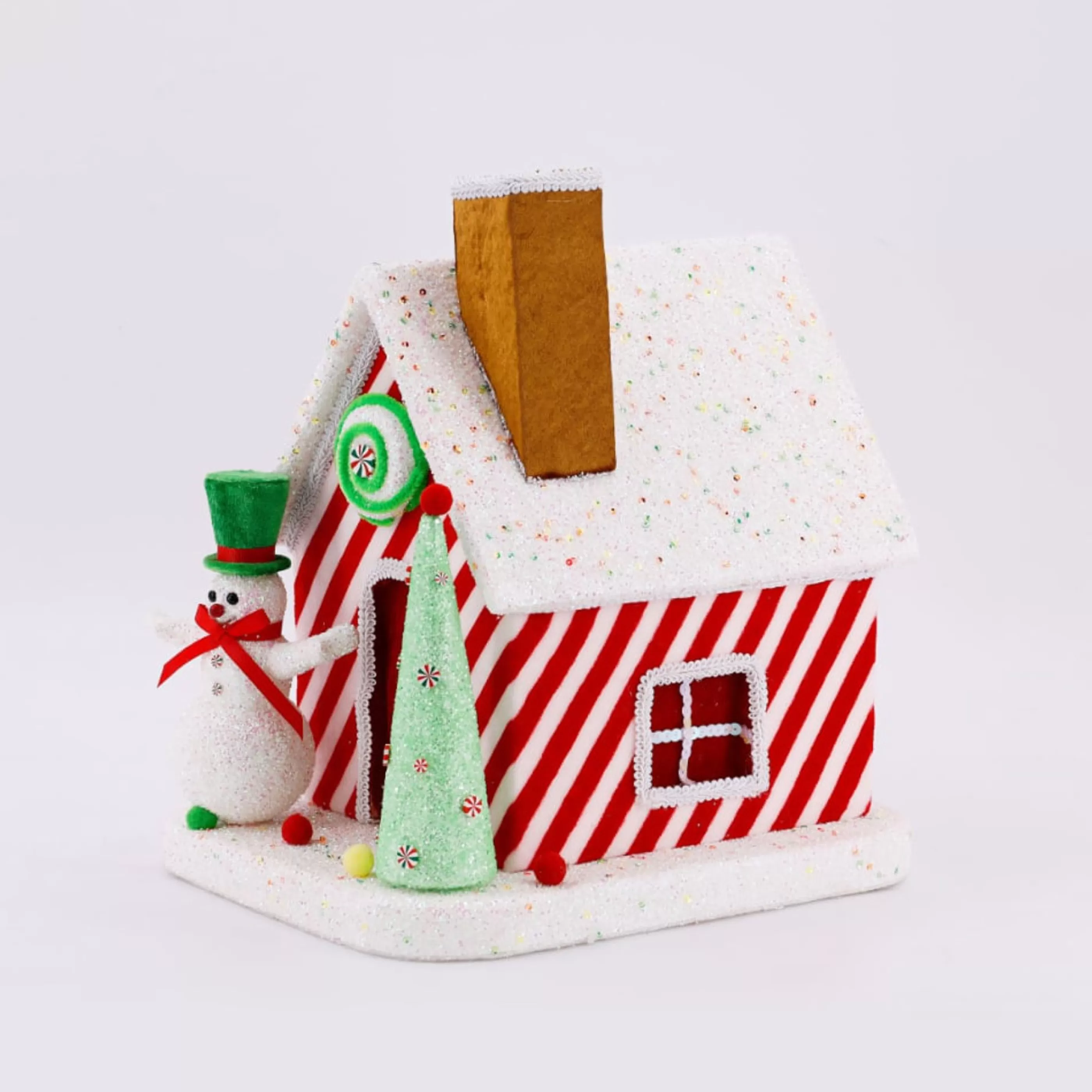 * Table Top Decorations | Candy Cane House With Snowman - 34Cm