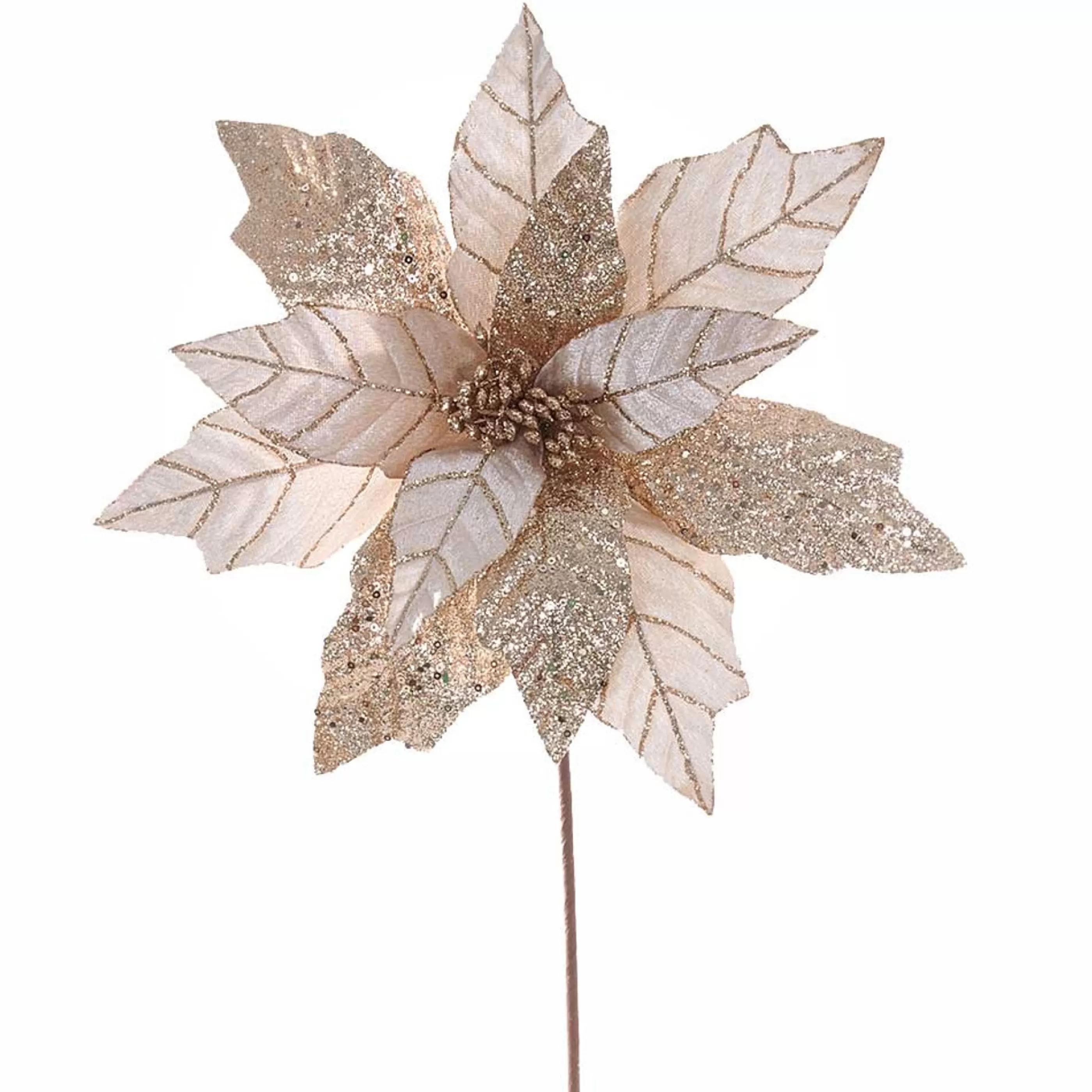 * Poinsettia Decorations | Champagne Poinsettia With Glittered Petals - 35Cm