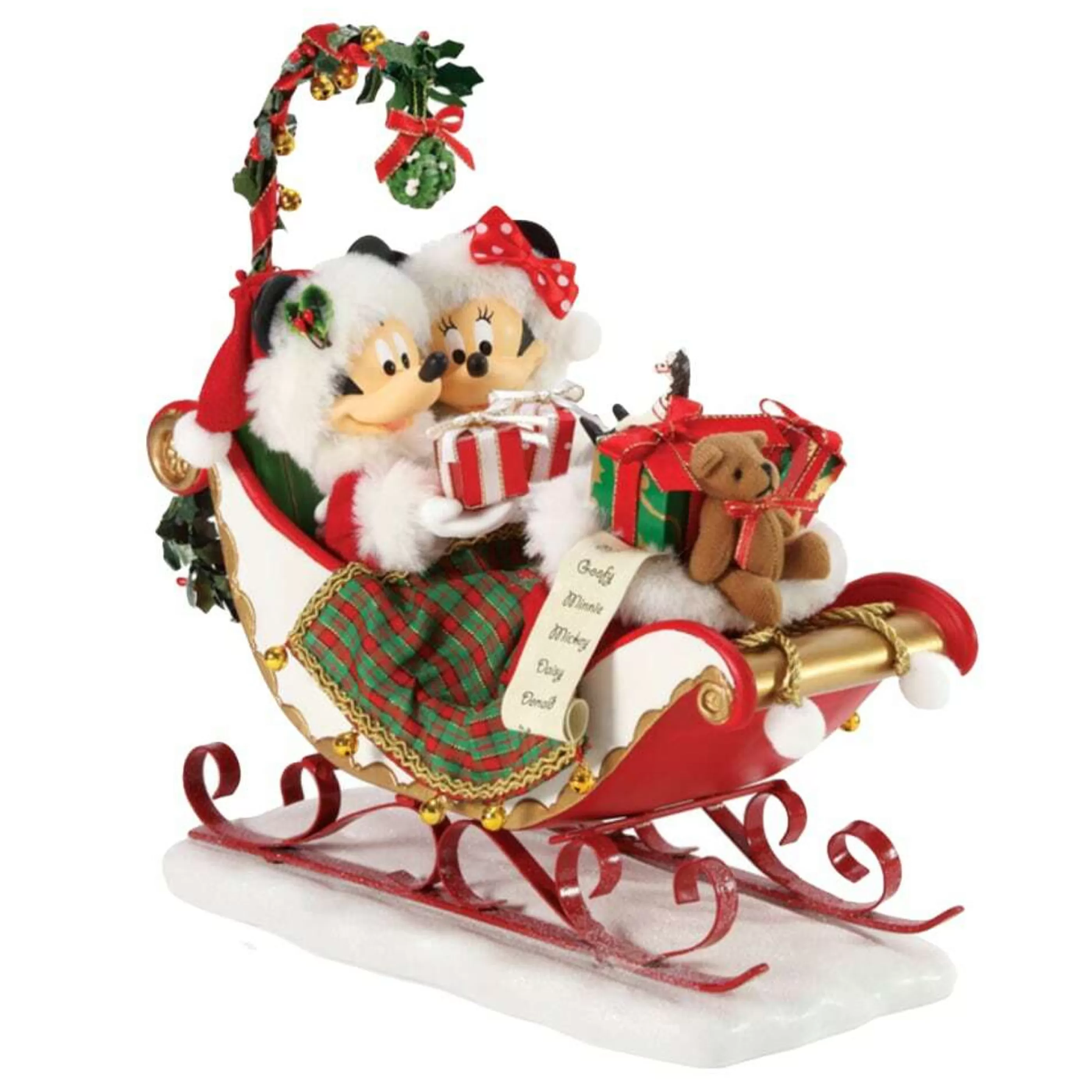 Disney Christmas Decorations Table Top Decorations | Christmas Mickey & Minnie In Sleigh With Mistletoe - 28Cm