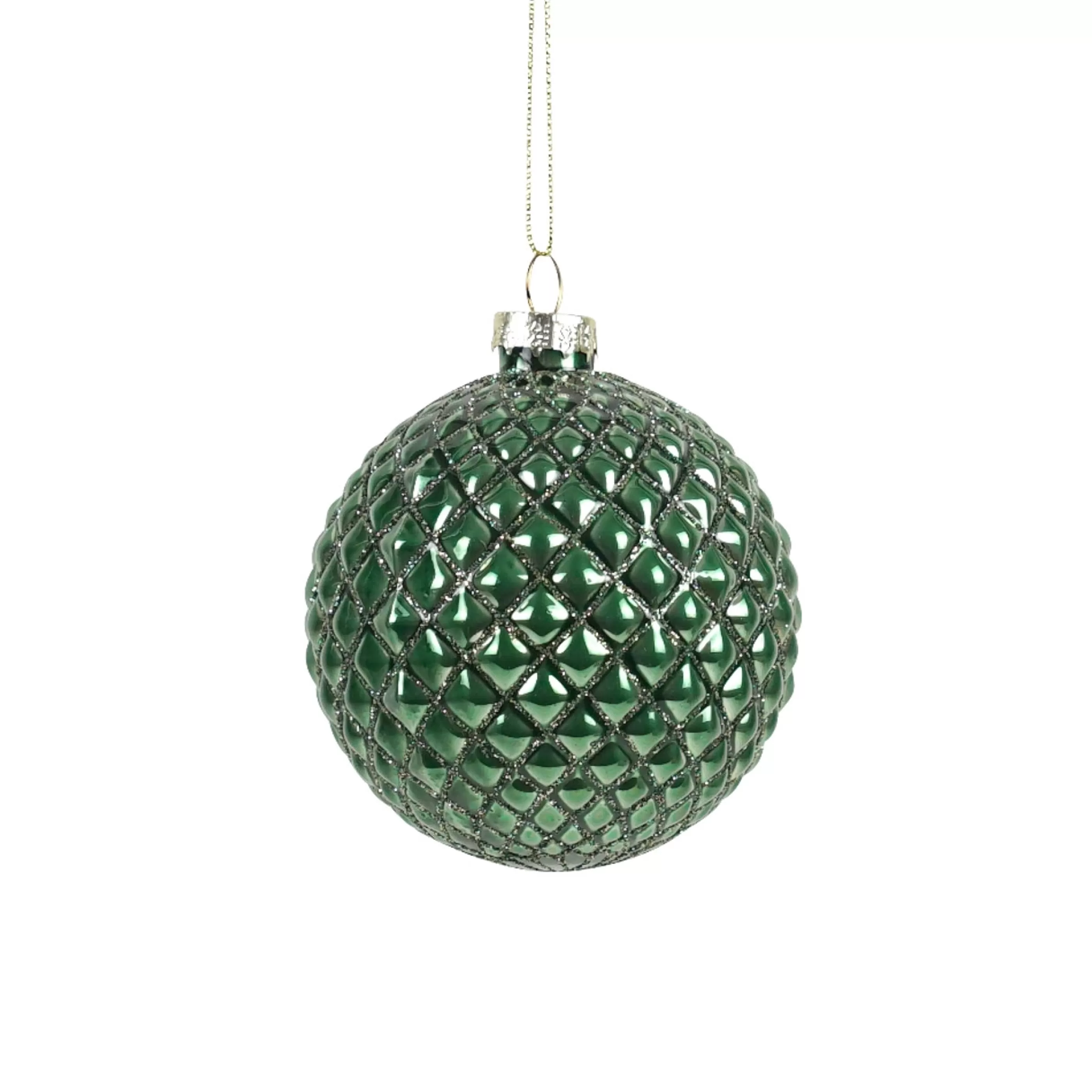 * Hanging Christmas Baubles | Dark Green Quilted Glass Bauble- 8Cm