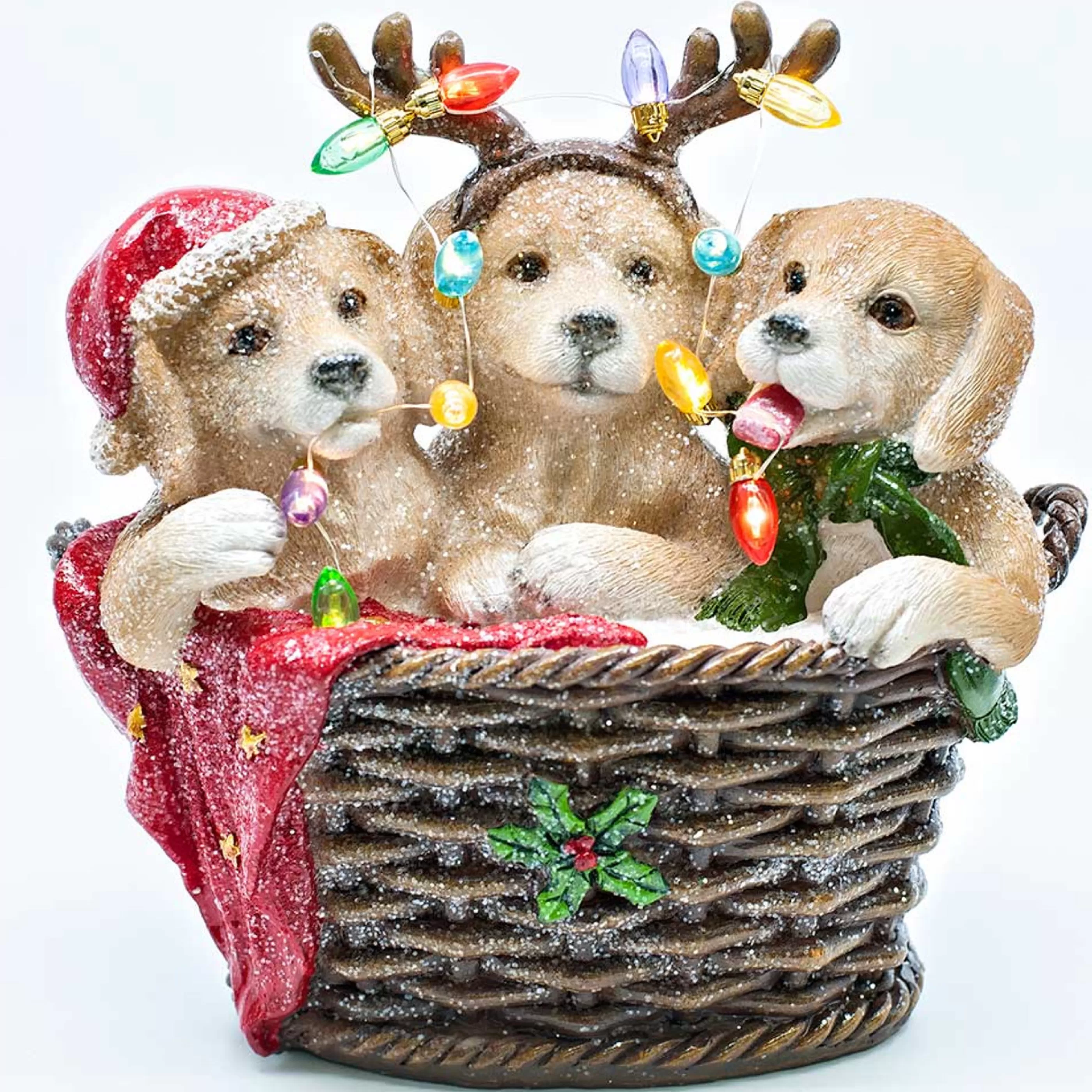 * Table Top Decorations | Dogs In A Basket With Led Lights - 22Cm