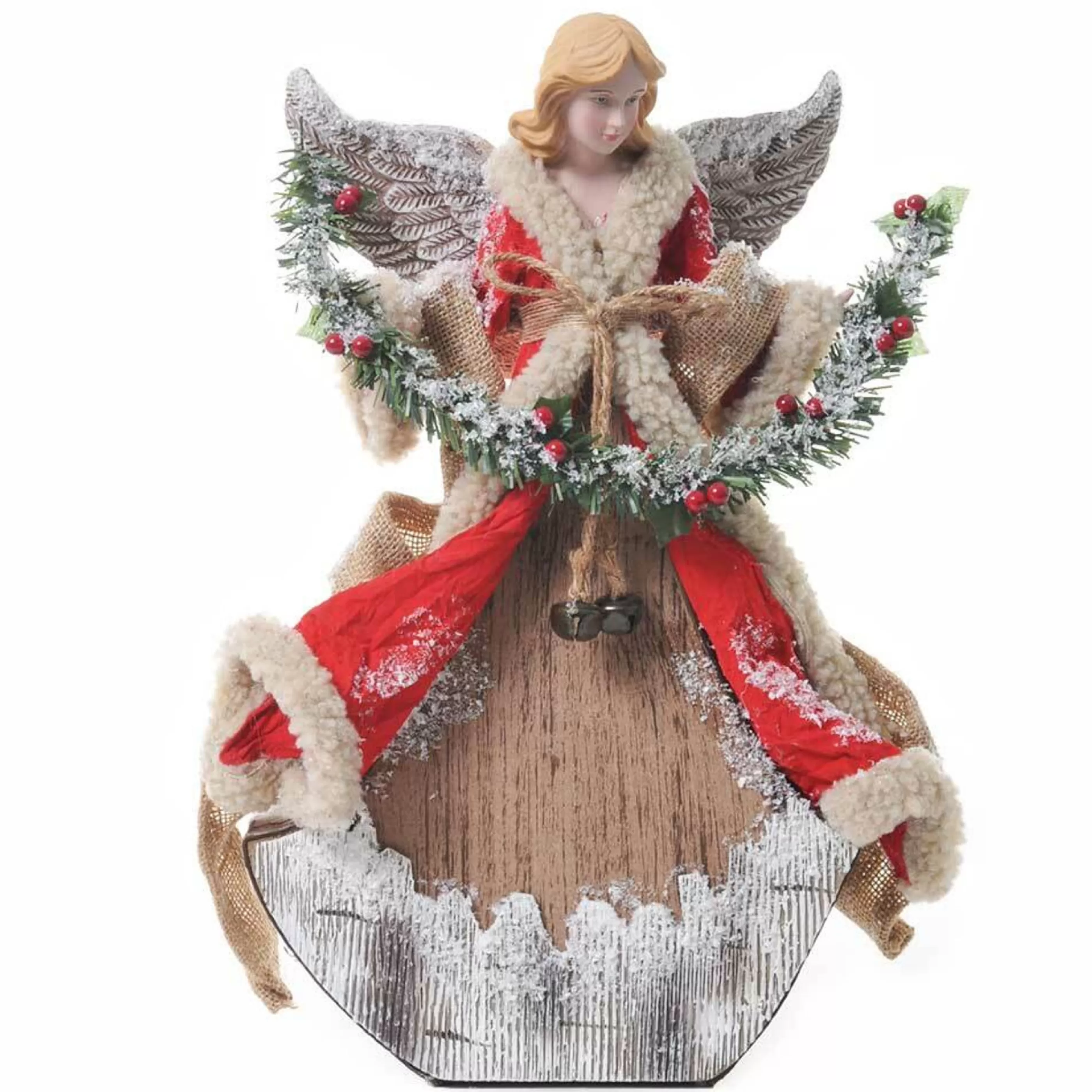 Clearance * Fabric Angel With Garland Red & Natural - 40Cm