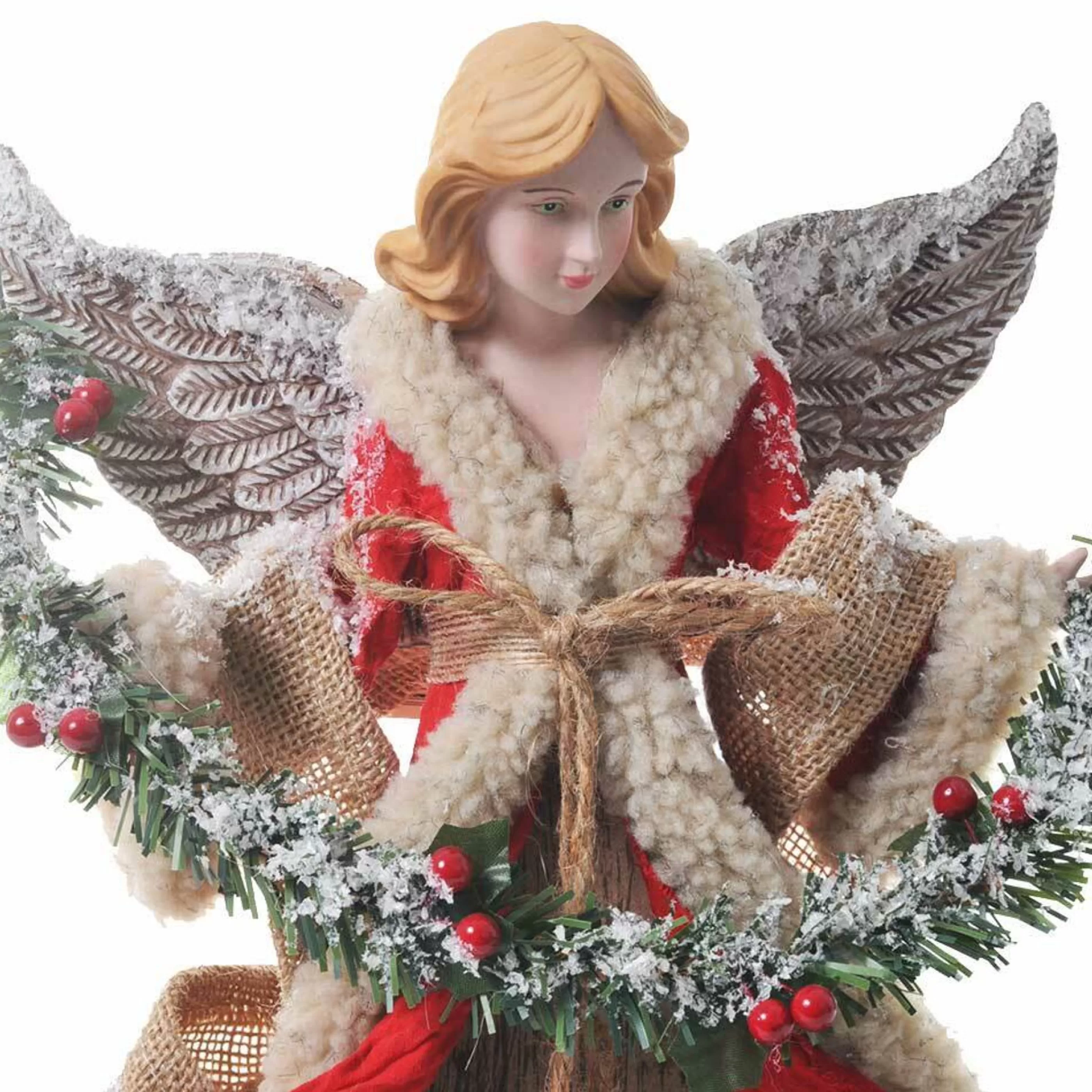 Clearance * Fabric Angel With Garland Red & Natural - 40Cm