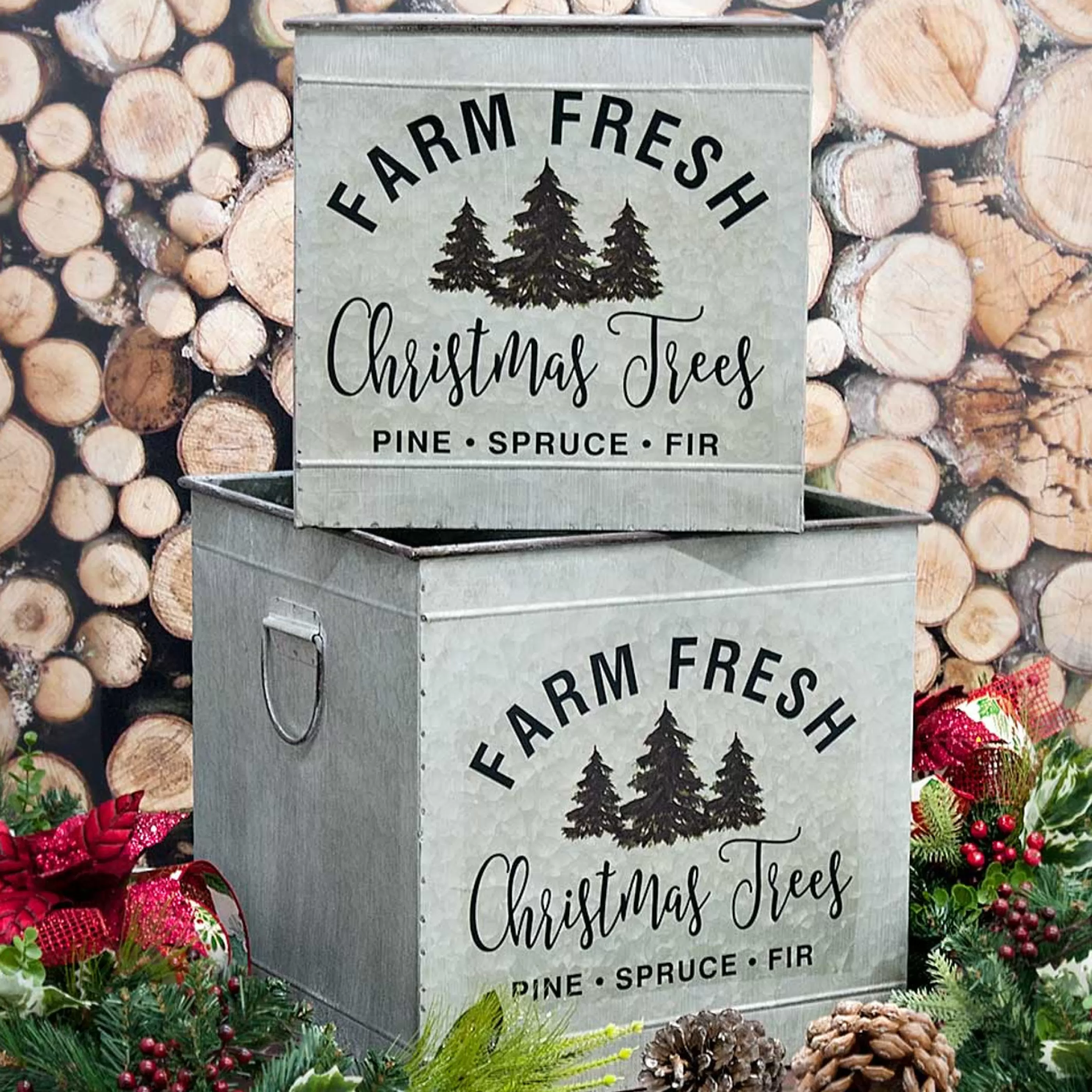 * Table Top Decorations | Farm Fresh Christmas Trees Iron Boxes - 38Cm