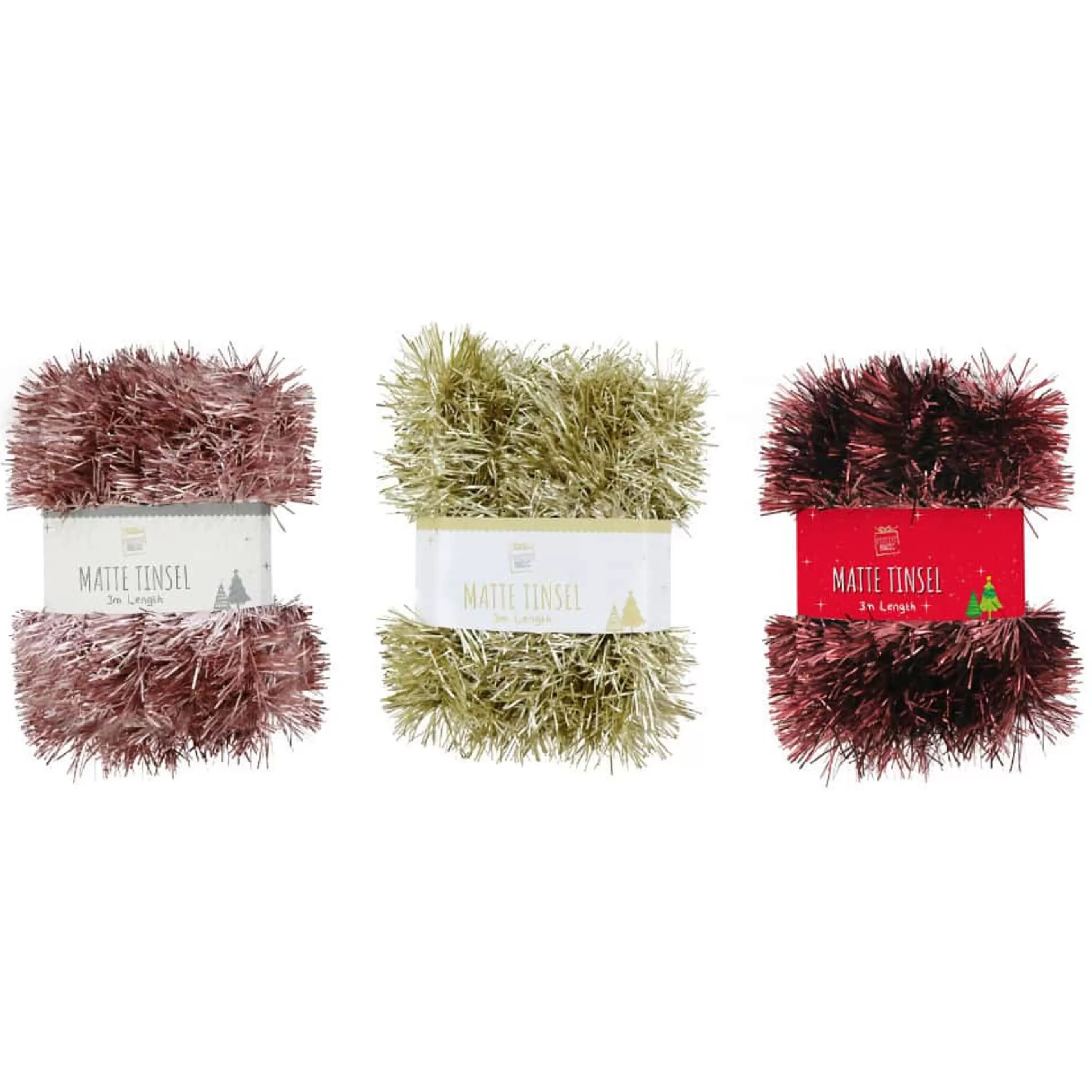 * Christmas Tinsel & Foil Decorations | Fine Matte Tinsel 5Ply/7Cm (3 Colours) - 3M