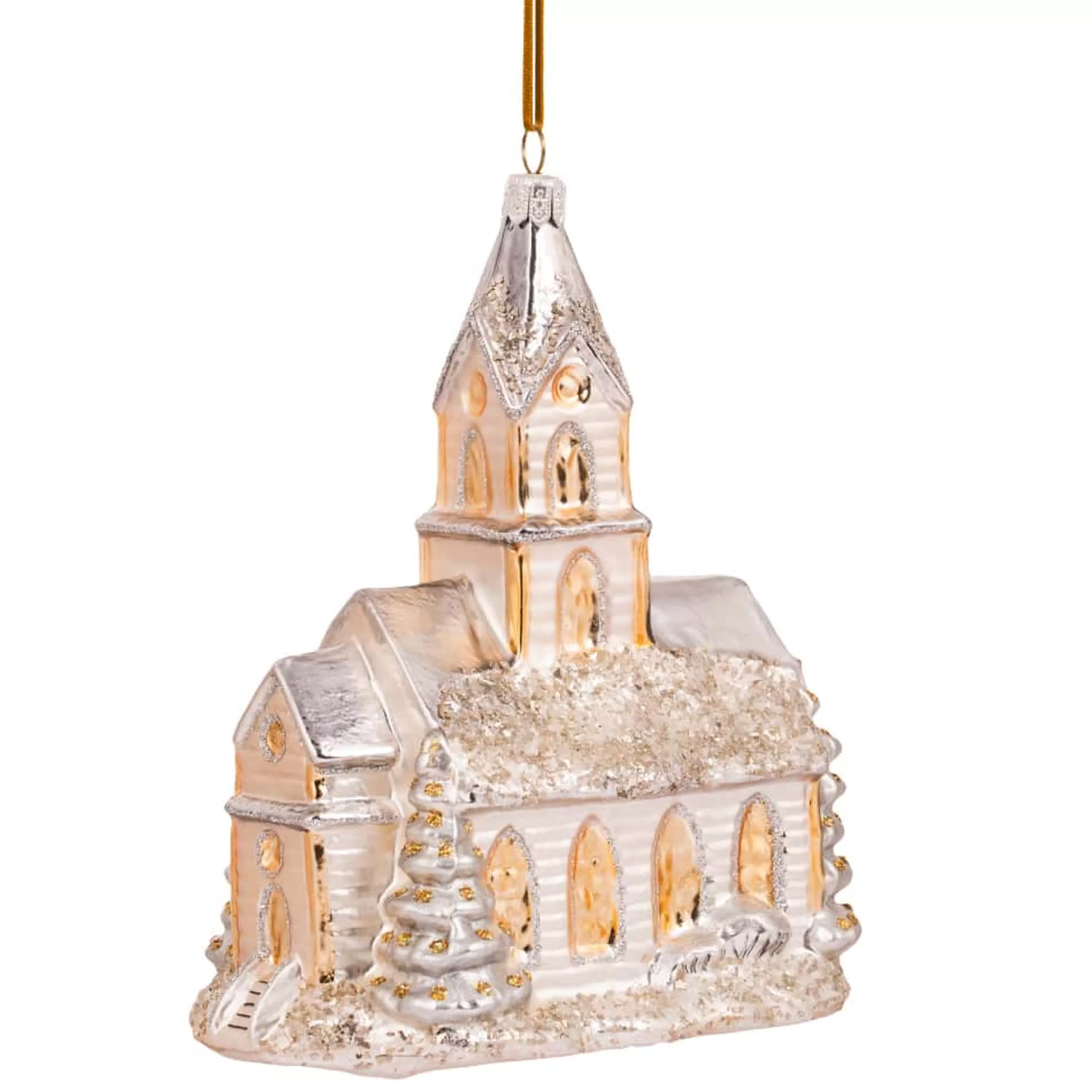 * Hanging Christmas Ornaments | Glass Champagne Gold Church - 17Cm