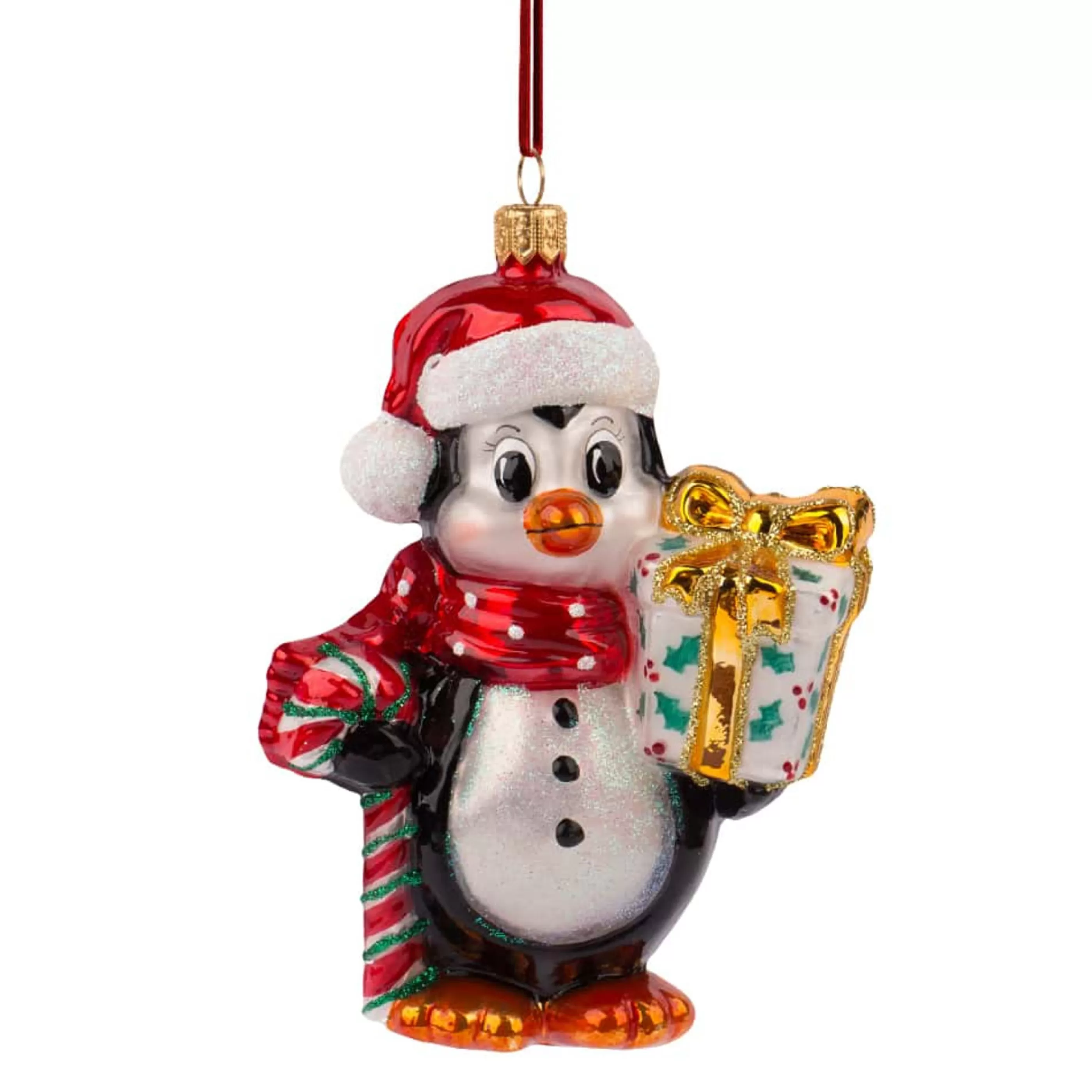 * Hanging Christmas Ornaments | Glass Christmas Penguin With Gift - 12Cm