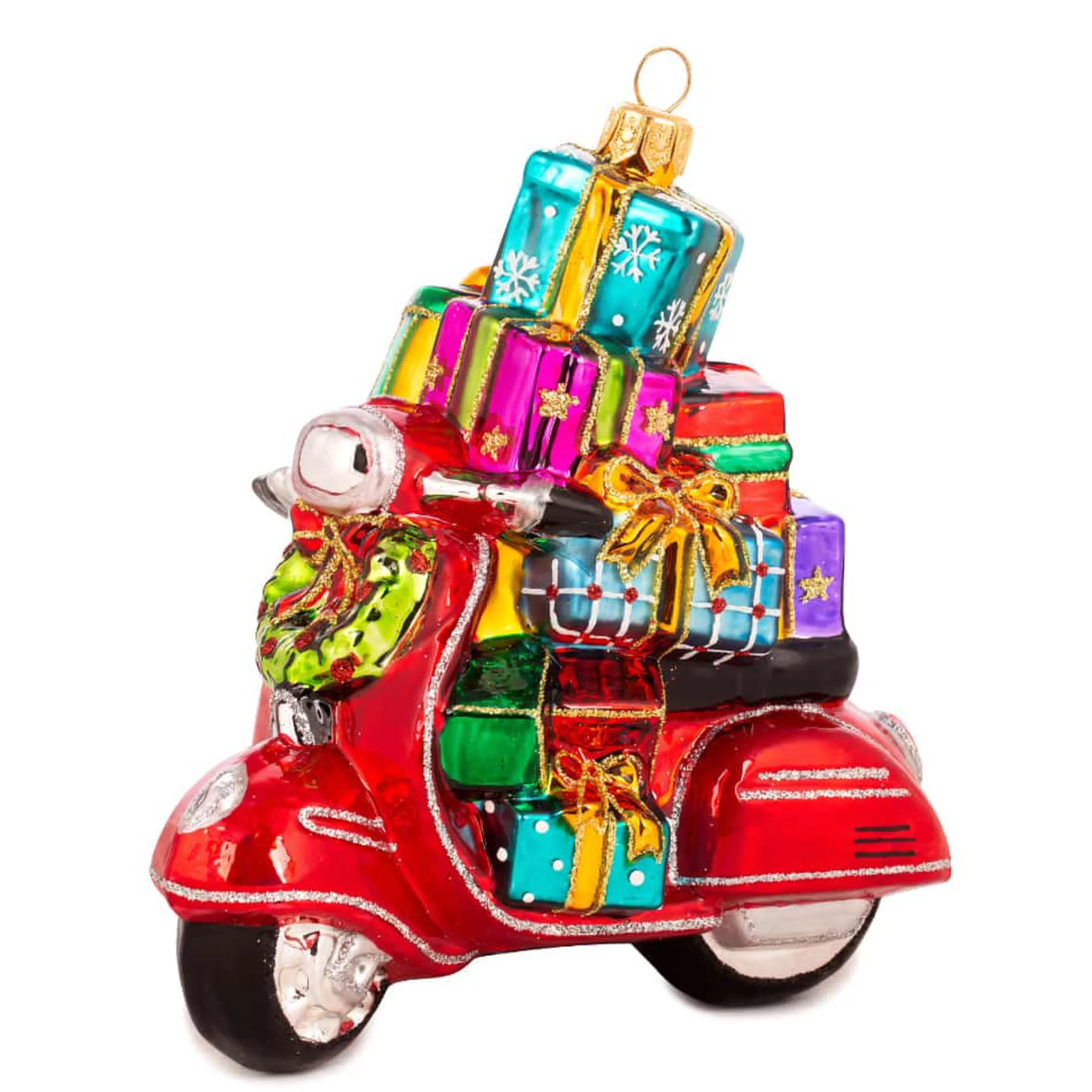 * Glass Ornaments | Glass Moped Scooter With Gifts Hanging Ornament - 15Cm