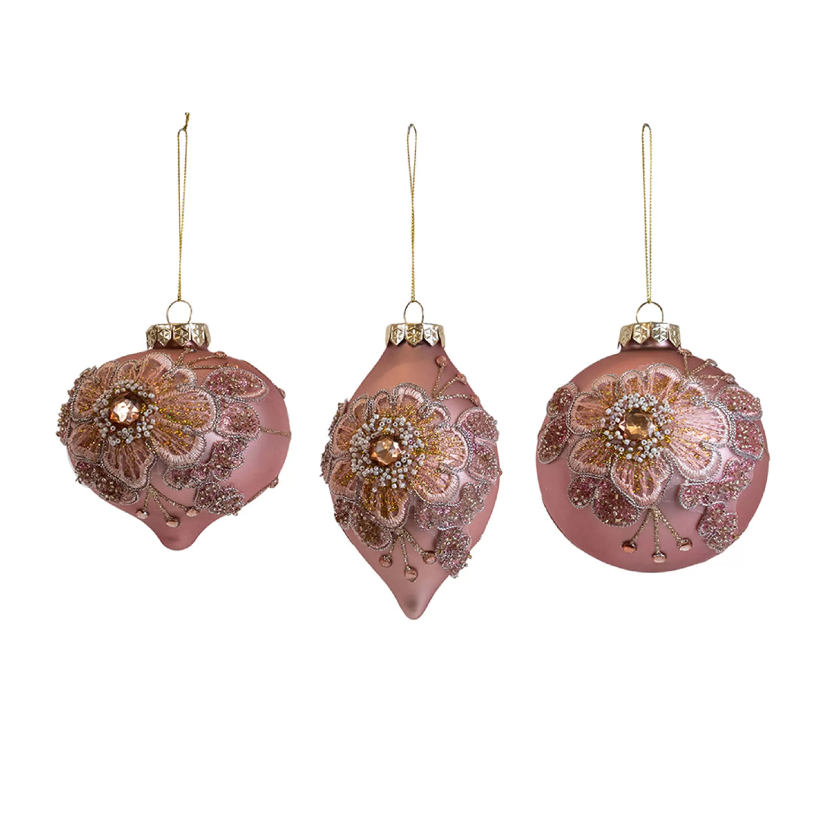 * Glass Ornaments | Glass Pink Jewel Floral Baubles (3 Designs) - 12Cm