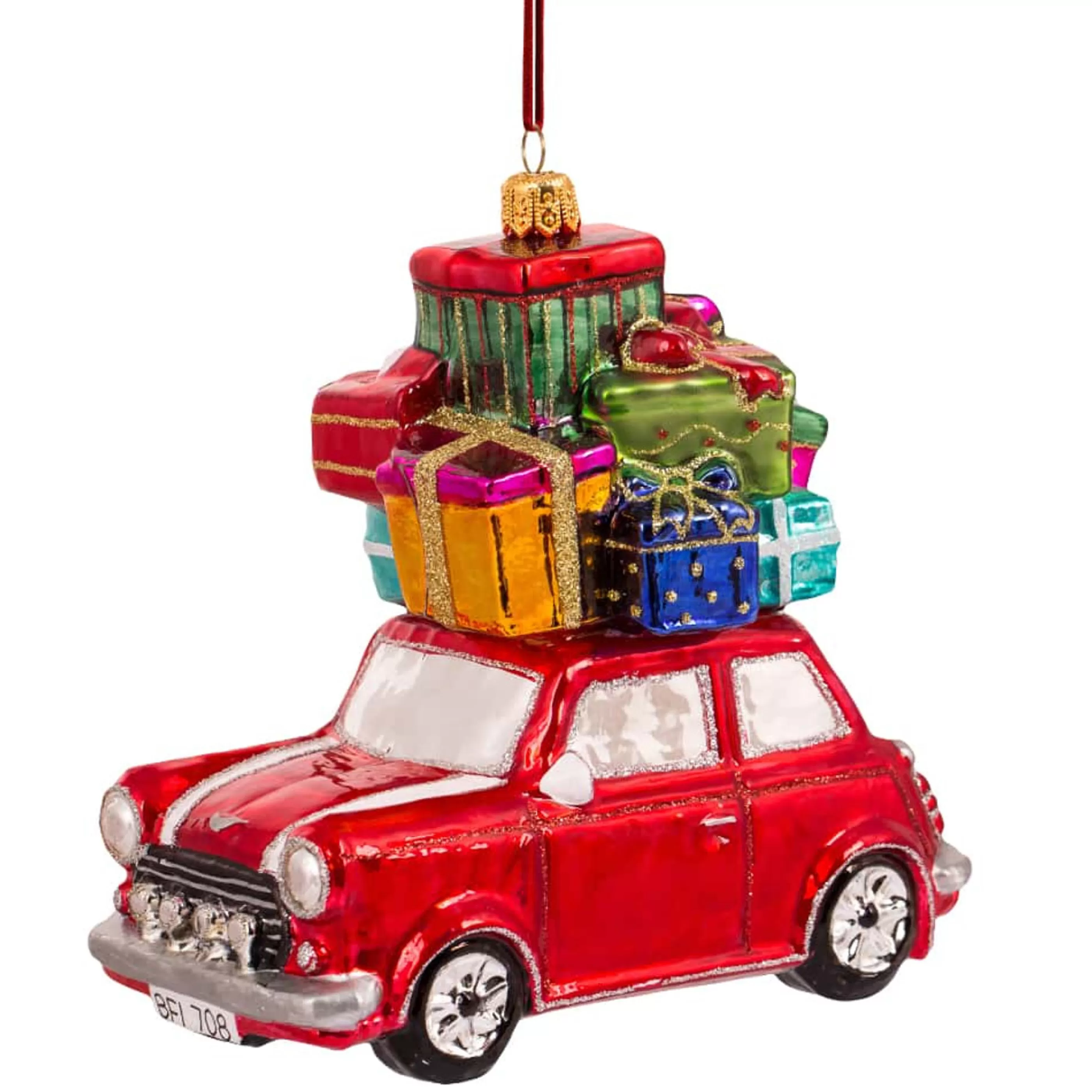 * Hanging Christmas Ornaments | Glass Red Mini Coop With Presents On Roof - 14Cm