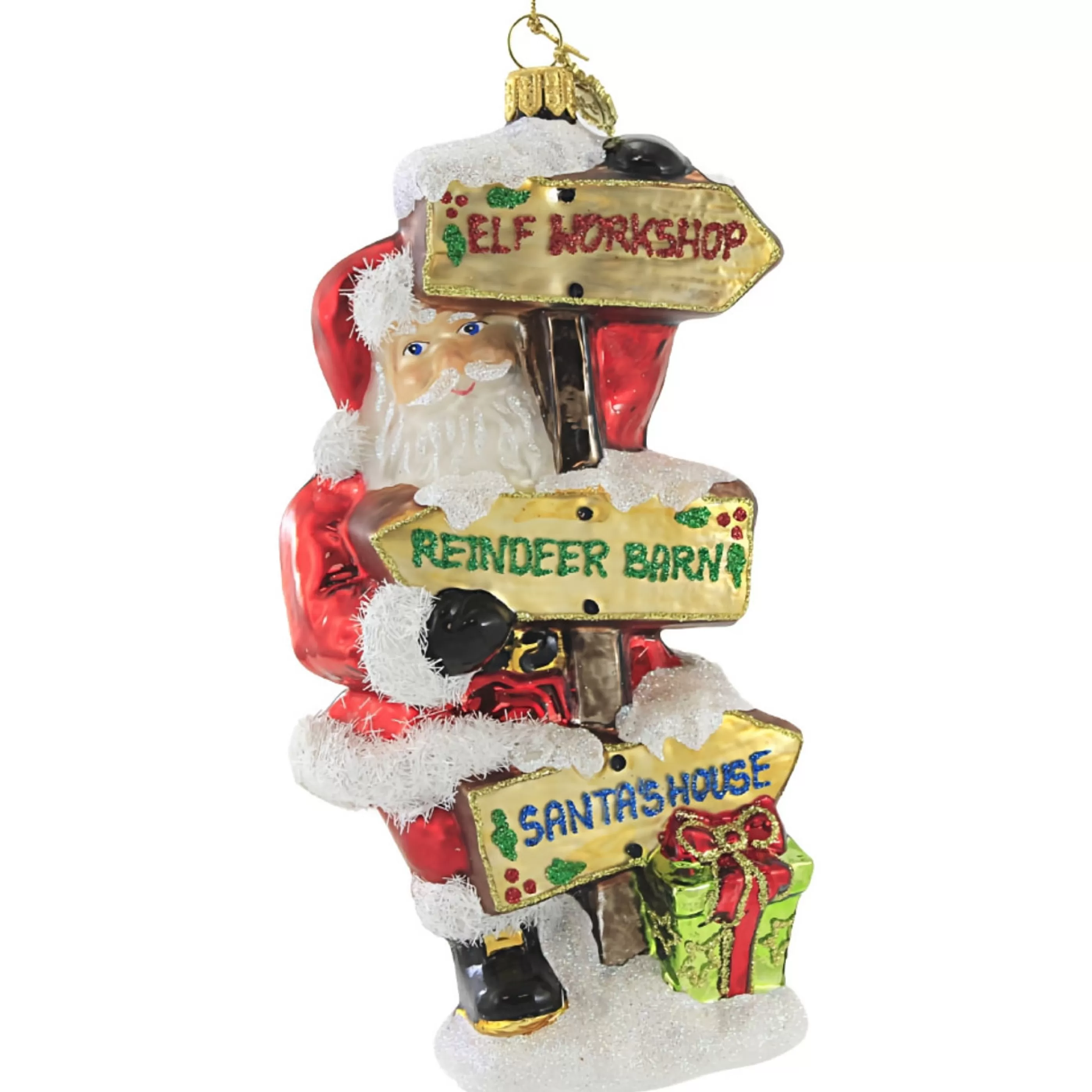 * Glass Ornaments | Glass Santa With Road Signs - 18Cm