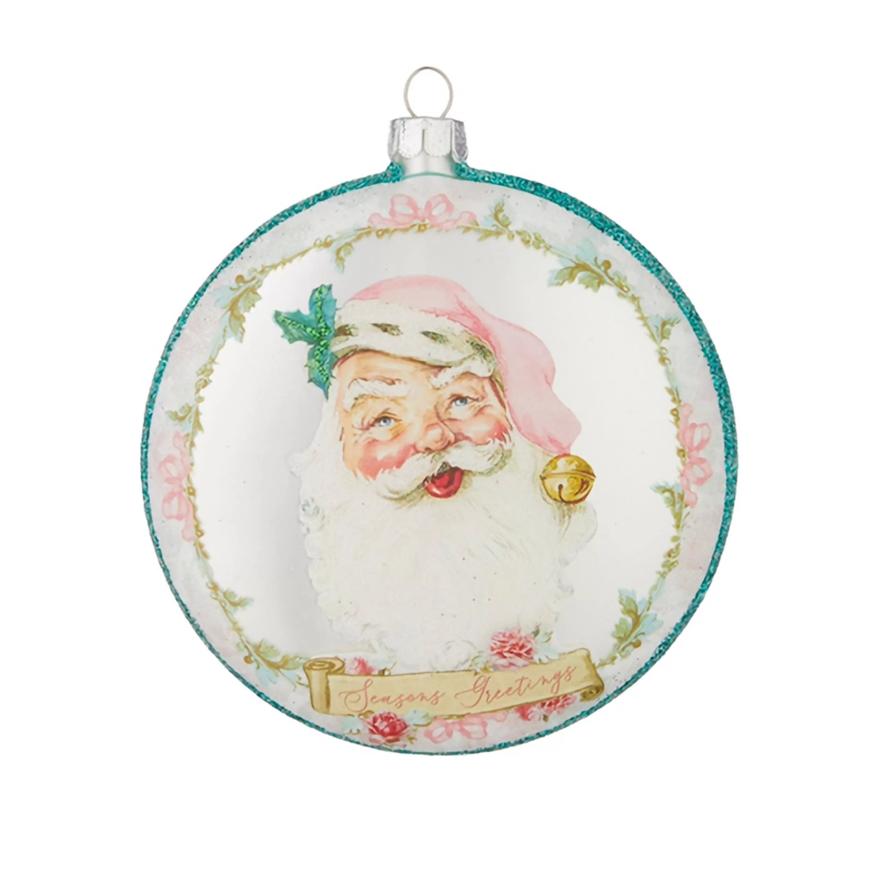 * Hanging Christmas Ornaments | Glass Seasons Greetings Pink Santa Disc Ornament - 10Cm