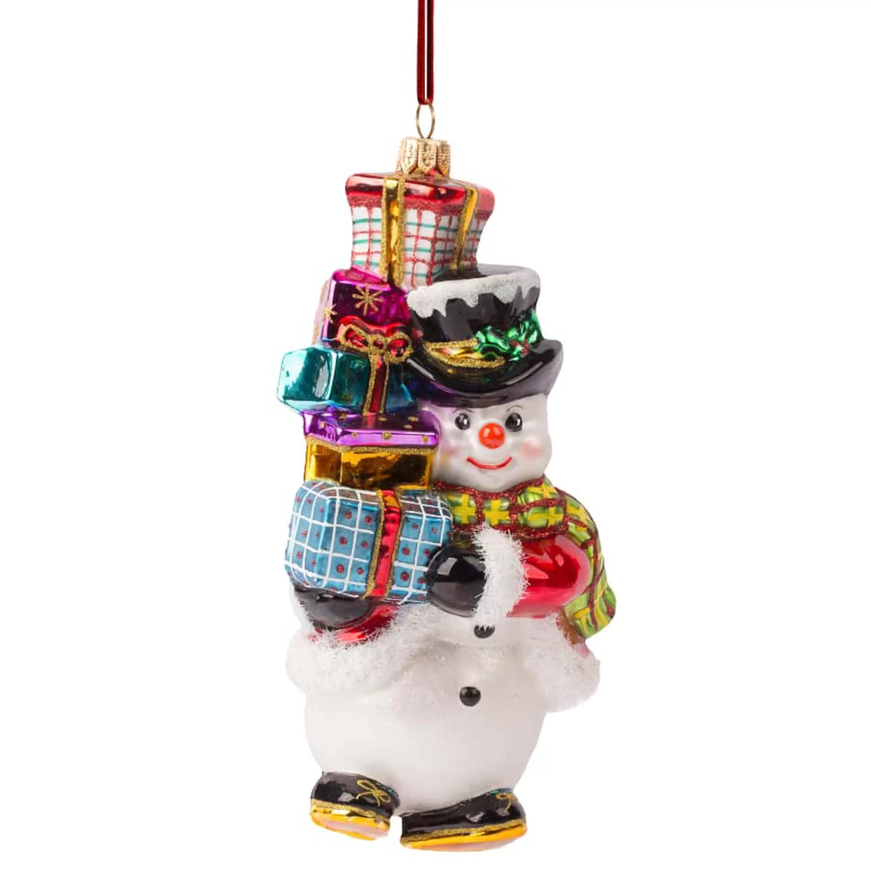 * Hanging Christmas Ornaments | Glass Snowman Carrying A Stack Of Presents - 17Cm