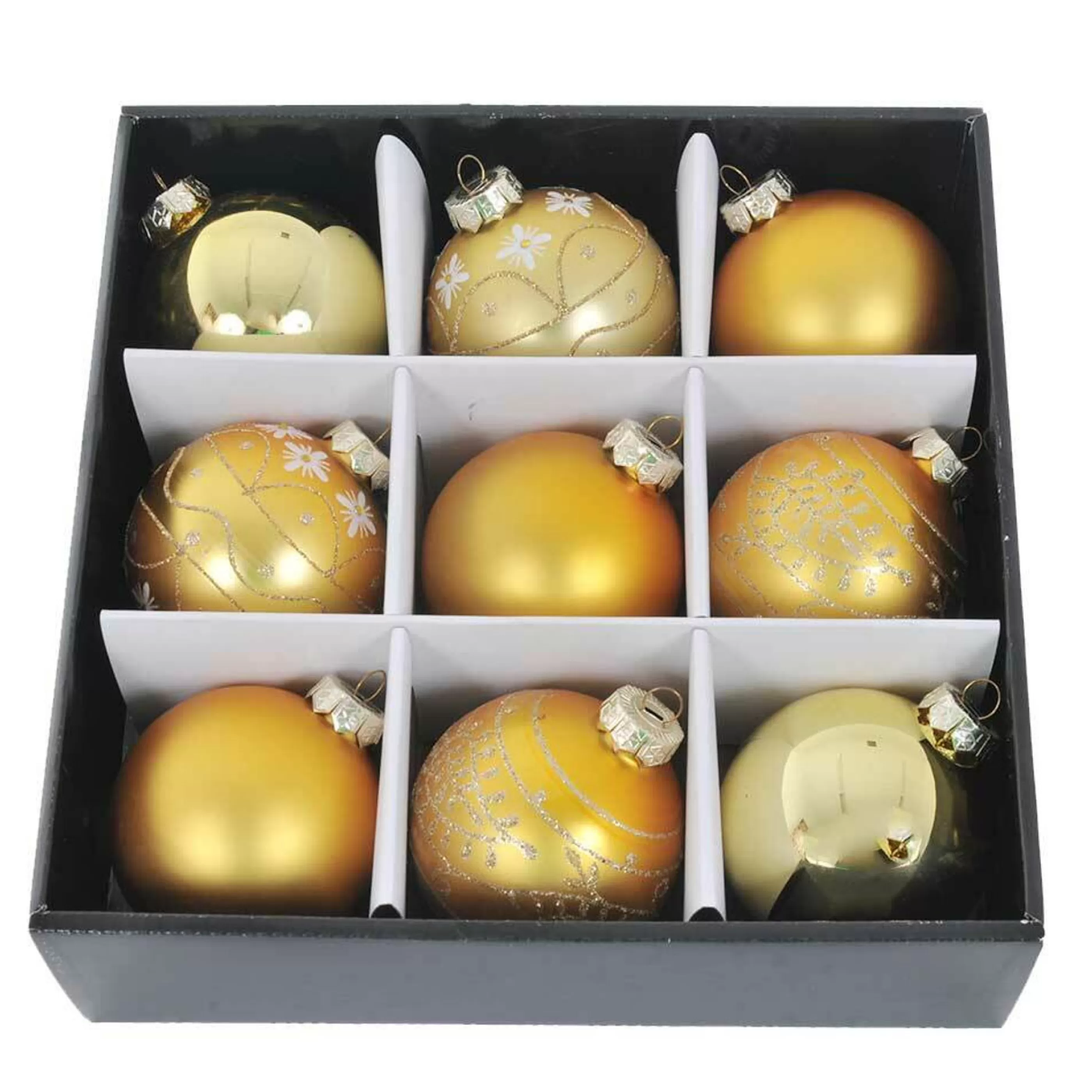 * Glass Ornaments | Gold Glass Mixed Baubles (Set Of 9) - 8Cm