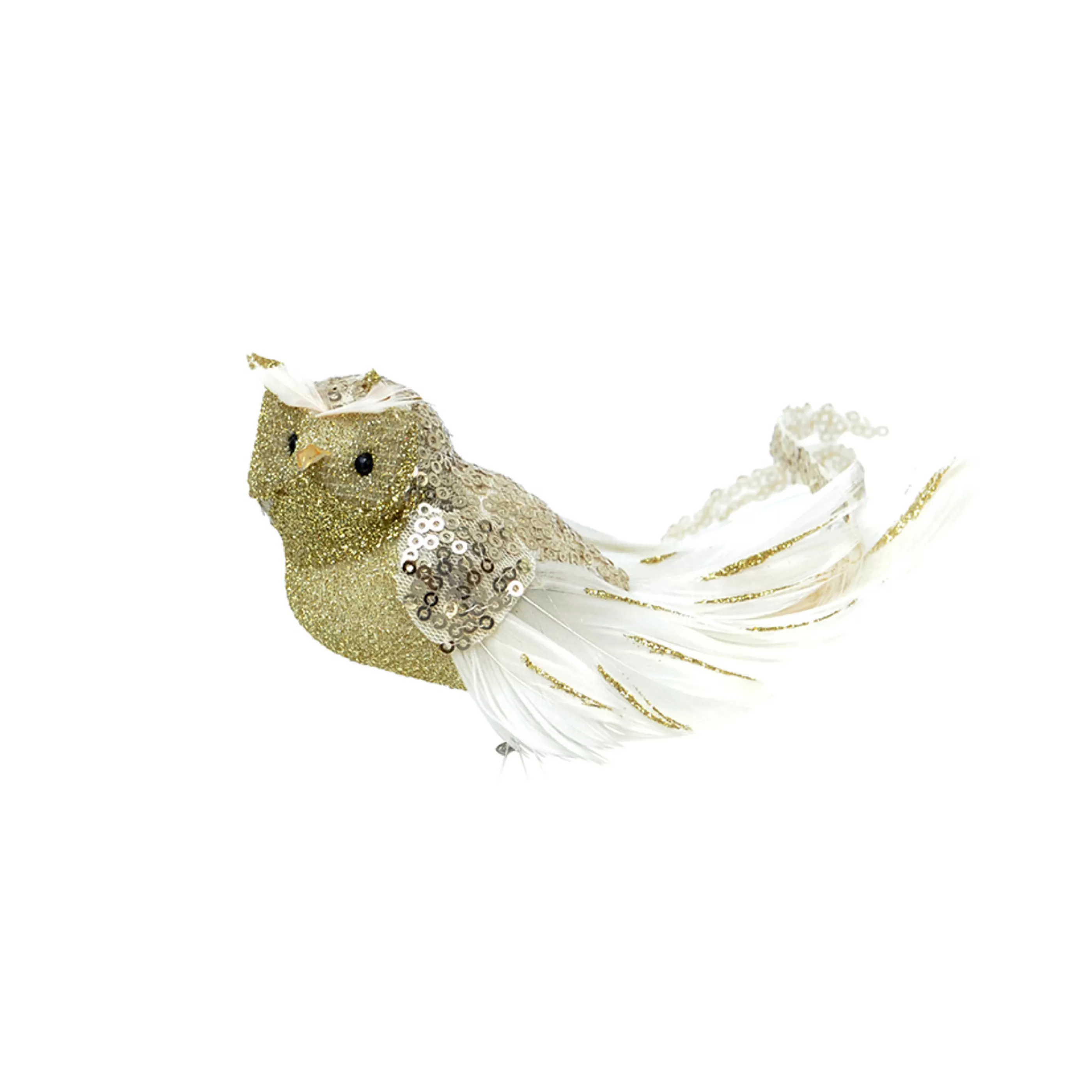 * Birds & Butterflies | Gold Sequin Feather Owl With Clip - 6Cm