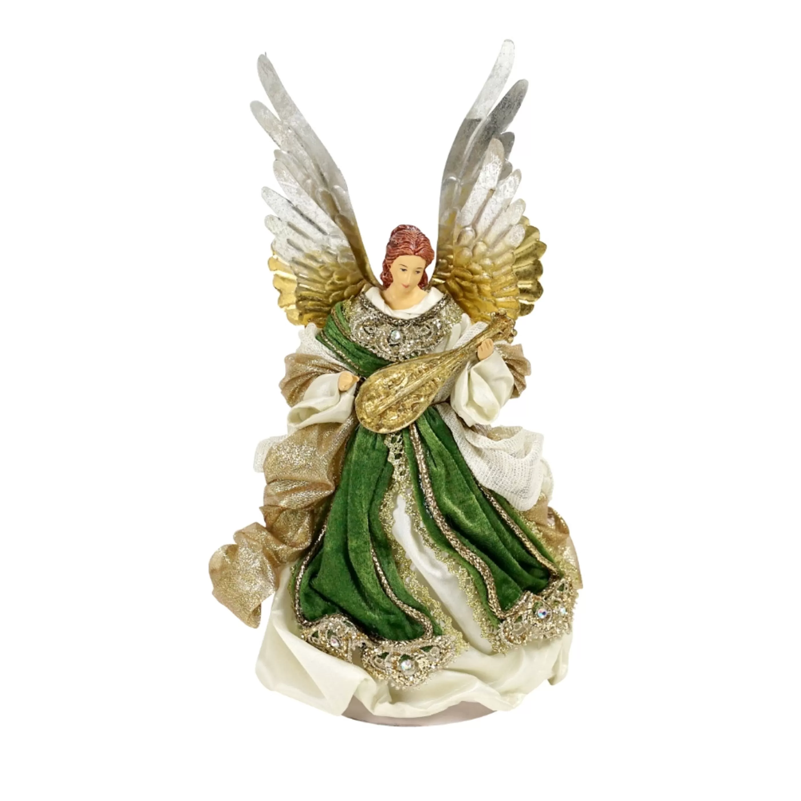 Sale * Green Cream Gold Angel With Mandolin - 25Cm