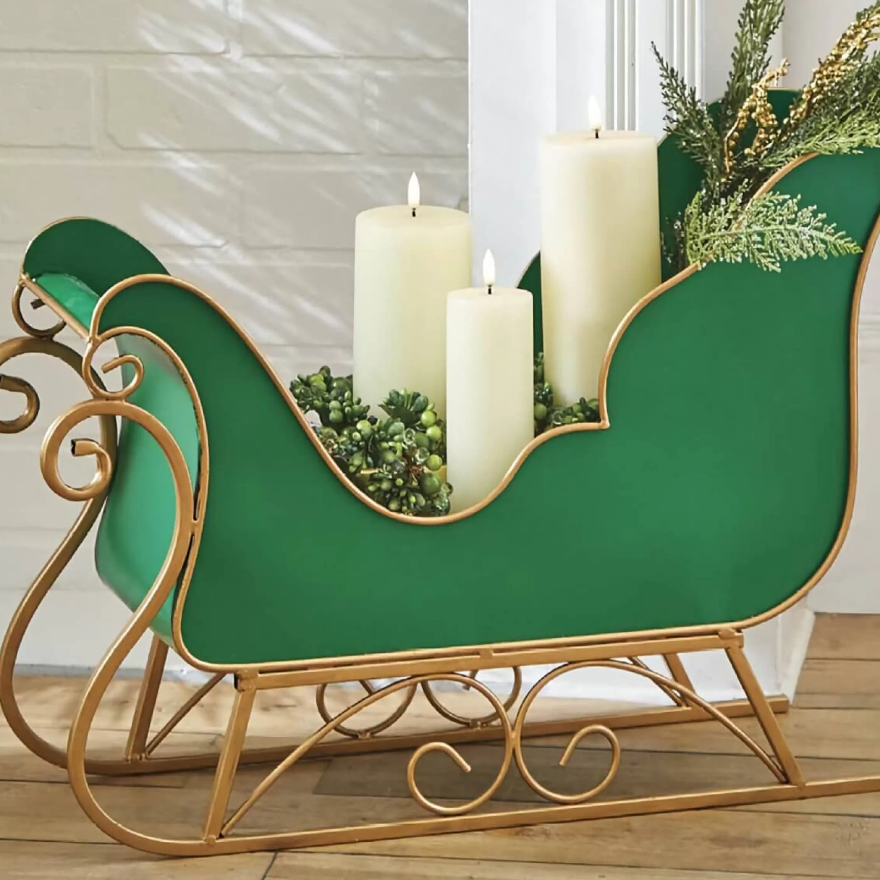 RAZ Imports Christmas Sleigh | Green Gold Metal Sleigh - 63Cm