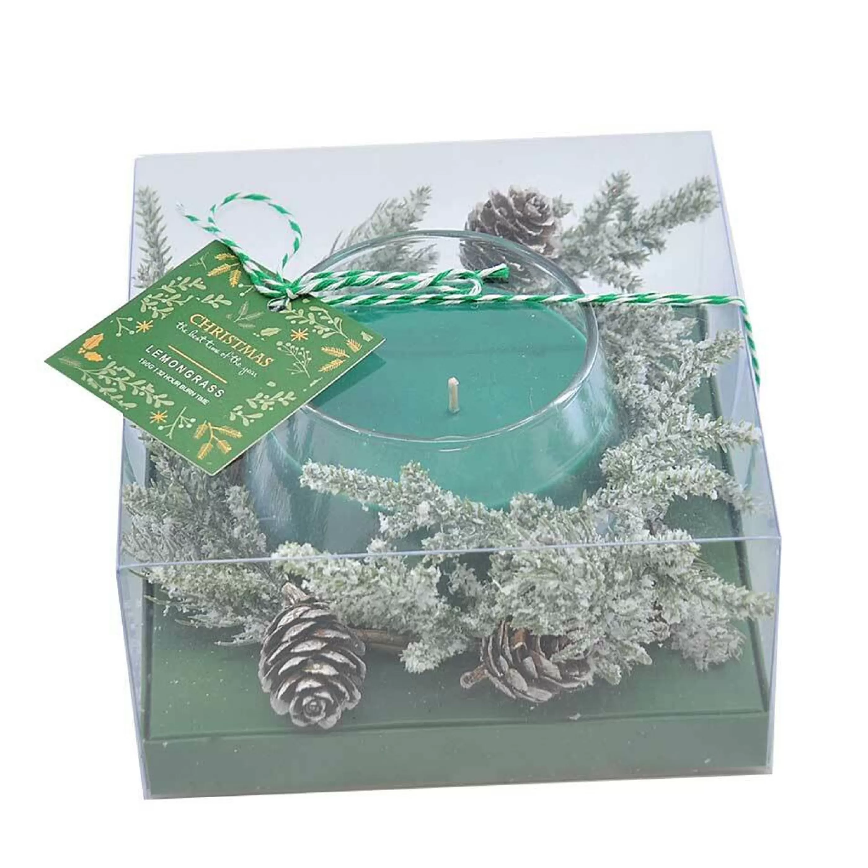 * Table Top Decorations | Green Scented Glass Candle With Wreath - 10Cm