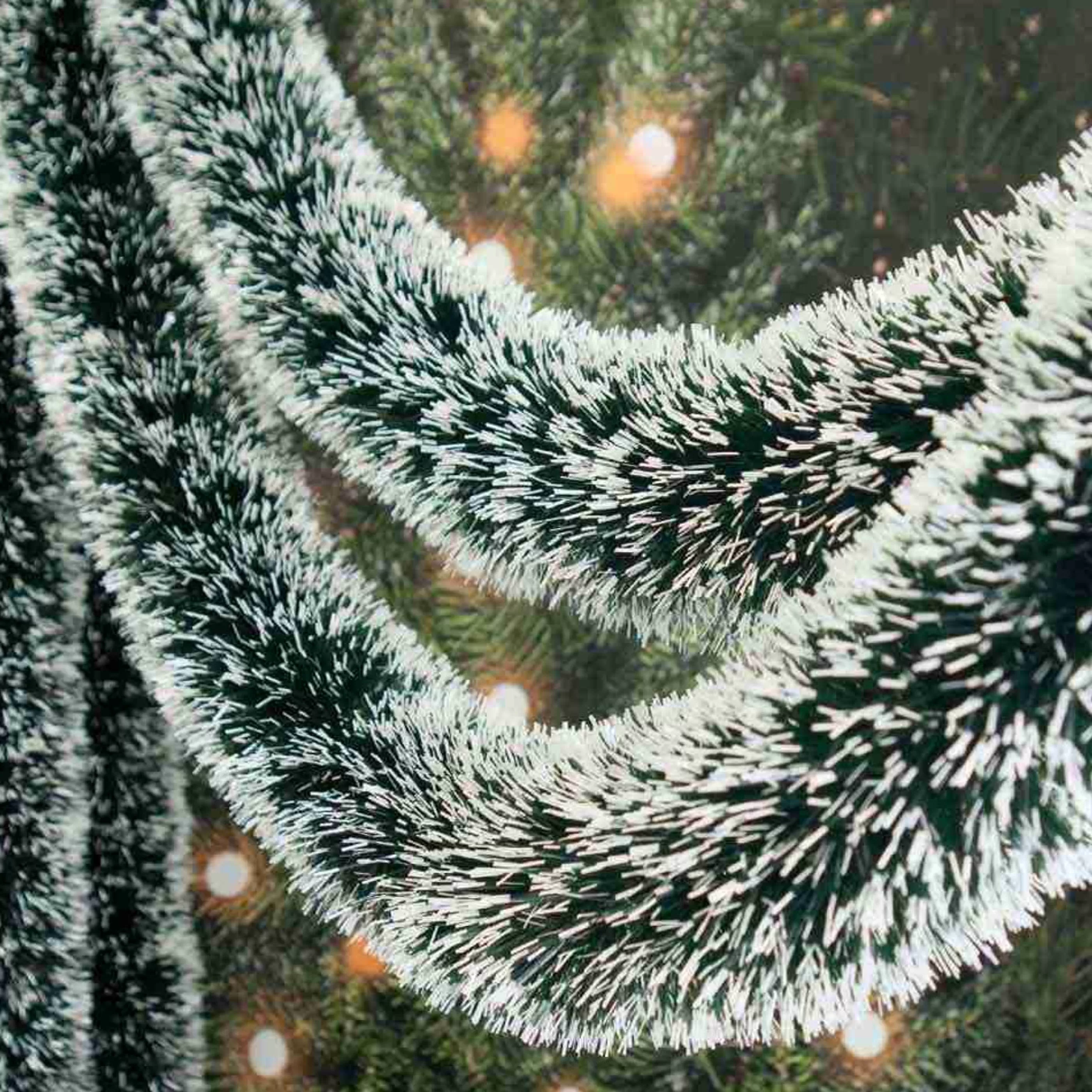 * Christmas Tinsel & Foil Decorations | Green With White Tips Tinsel Plush (12 Ply) - 5M