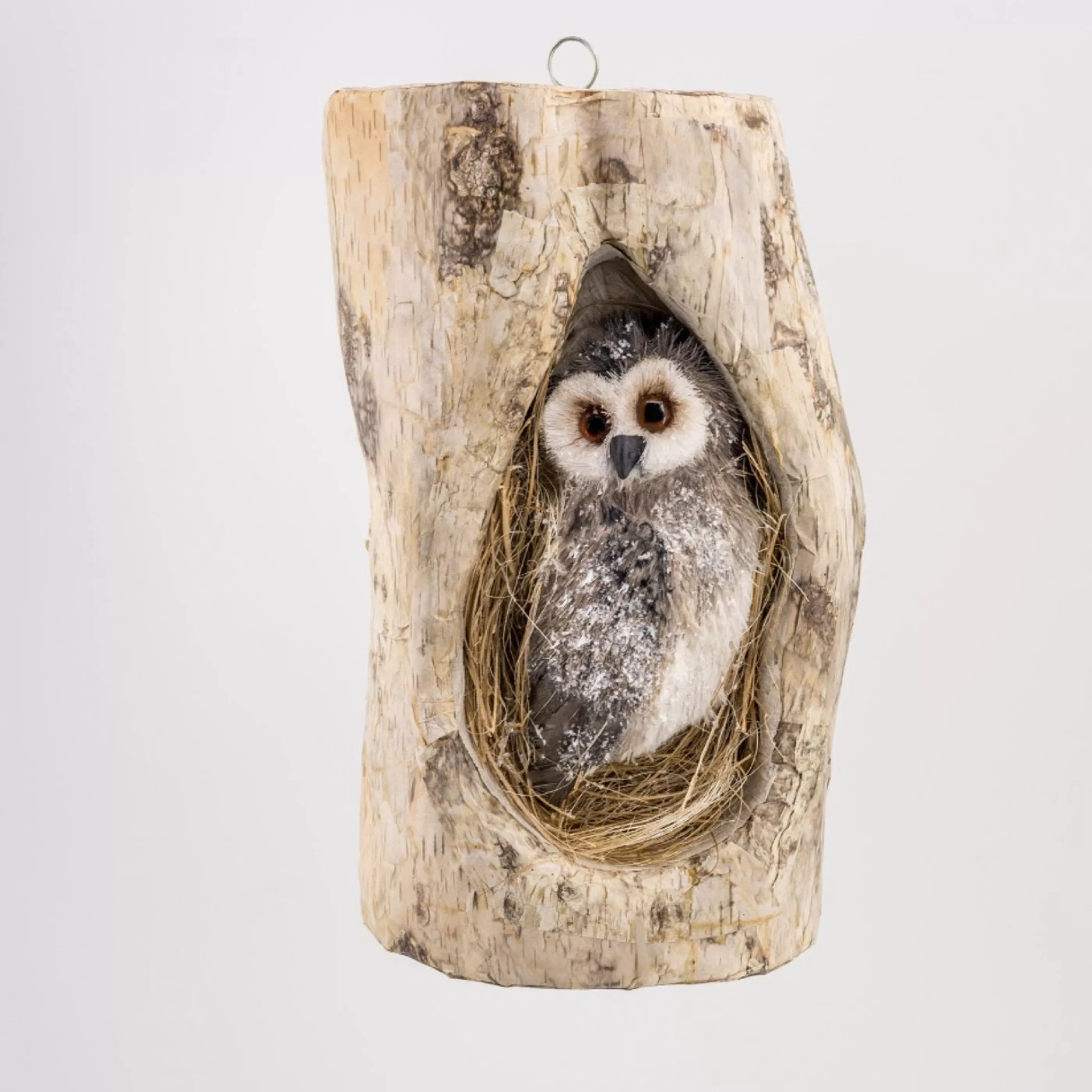 * Table Top Decorations | Grey Cream Owl In Tree Log - 31Cm