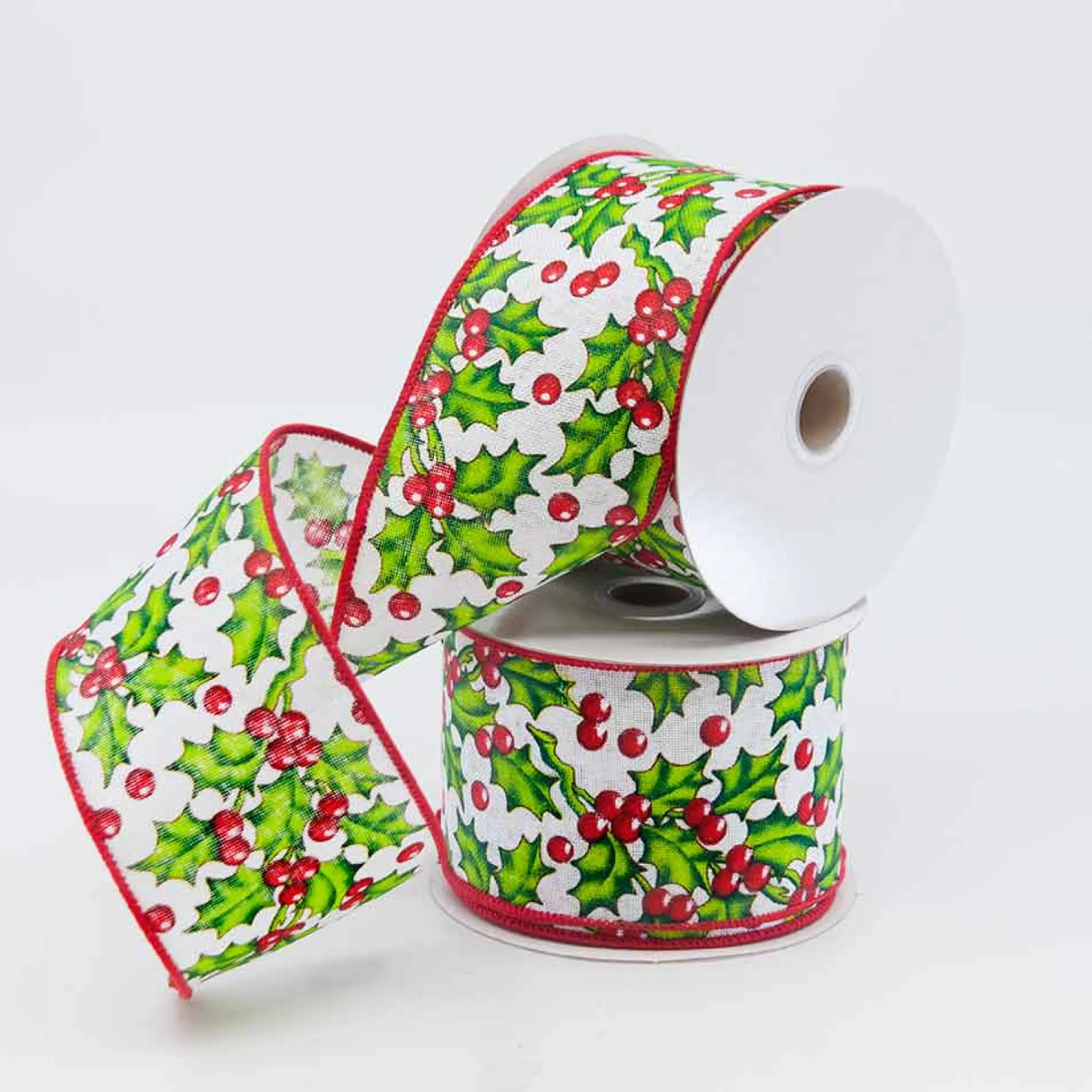 Outlet * Holly With White Background Ribbon - 10M