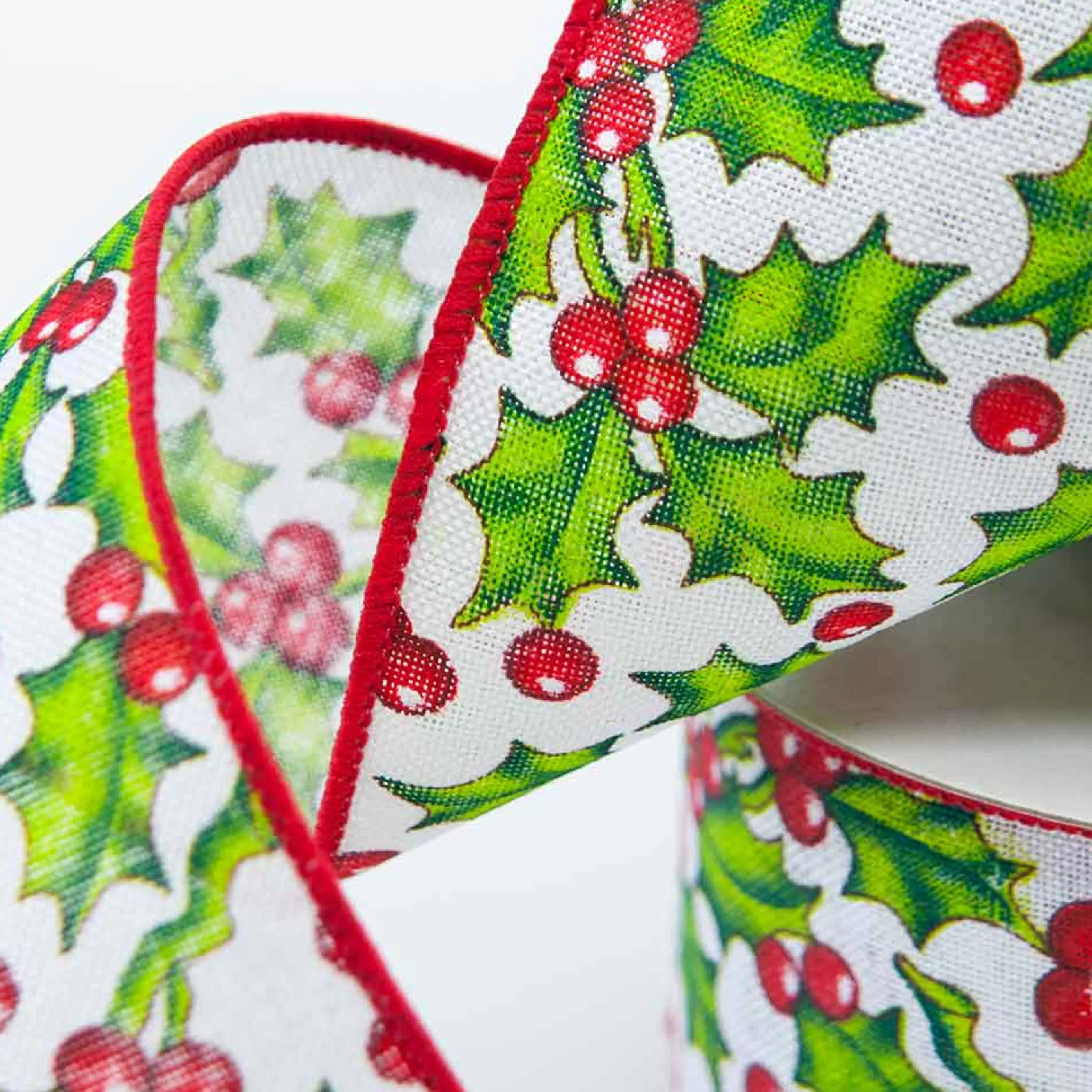 Outlet * Holly With White Background Ribbon - 10M