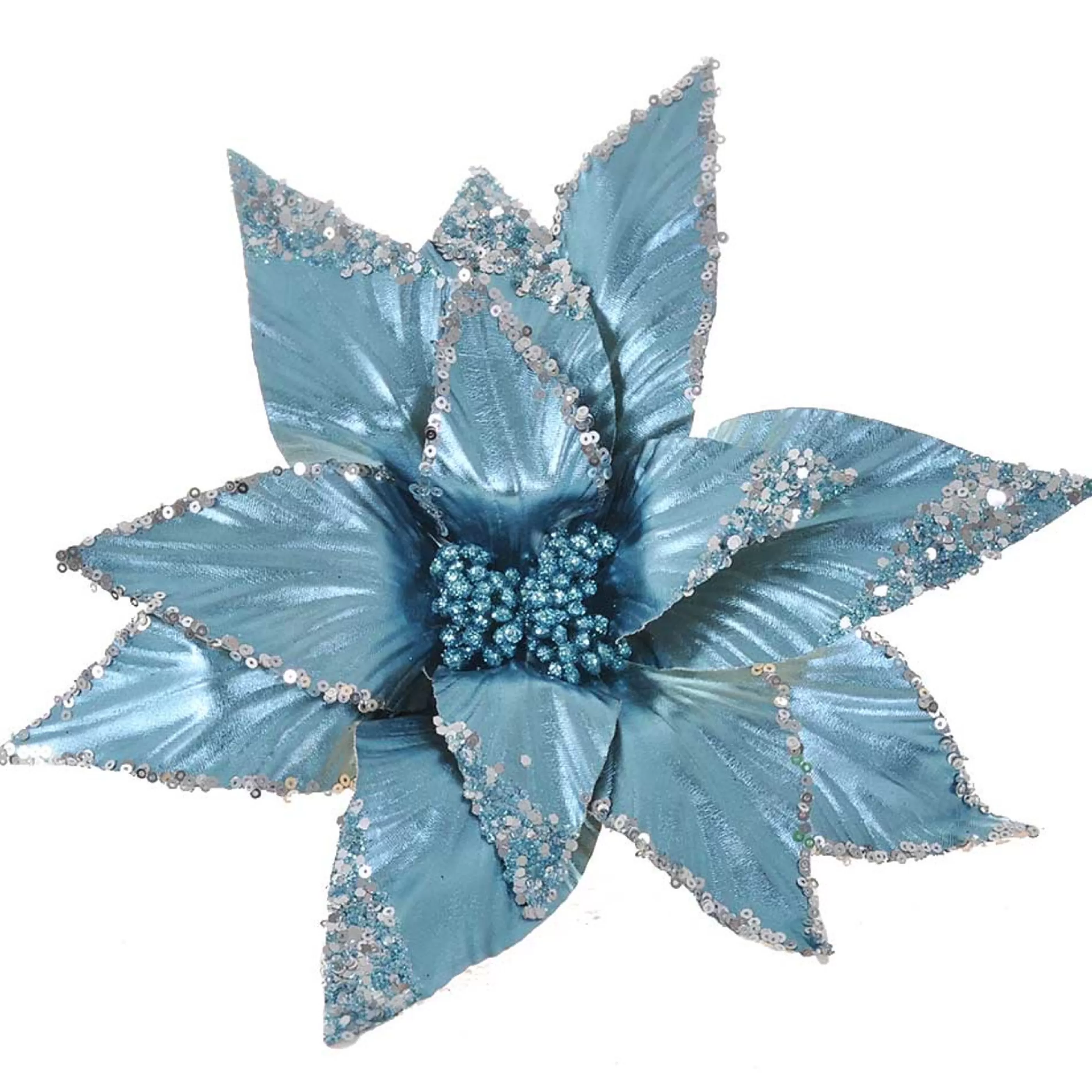 * Floristry | Ice Blue Metallic Poinsettia On Clip - 33Cm