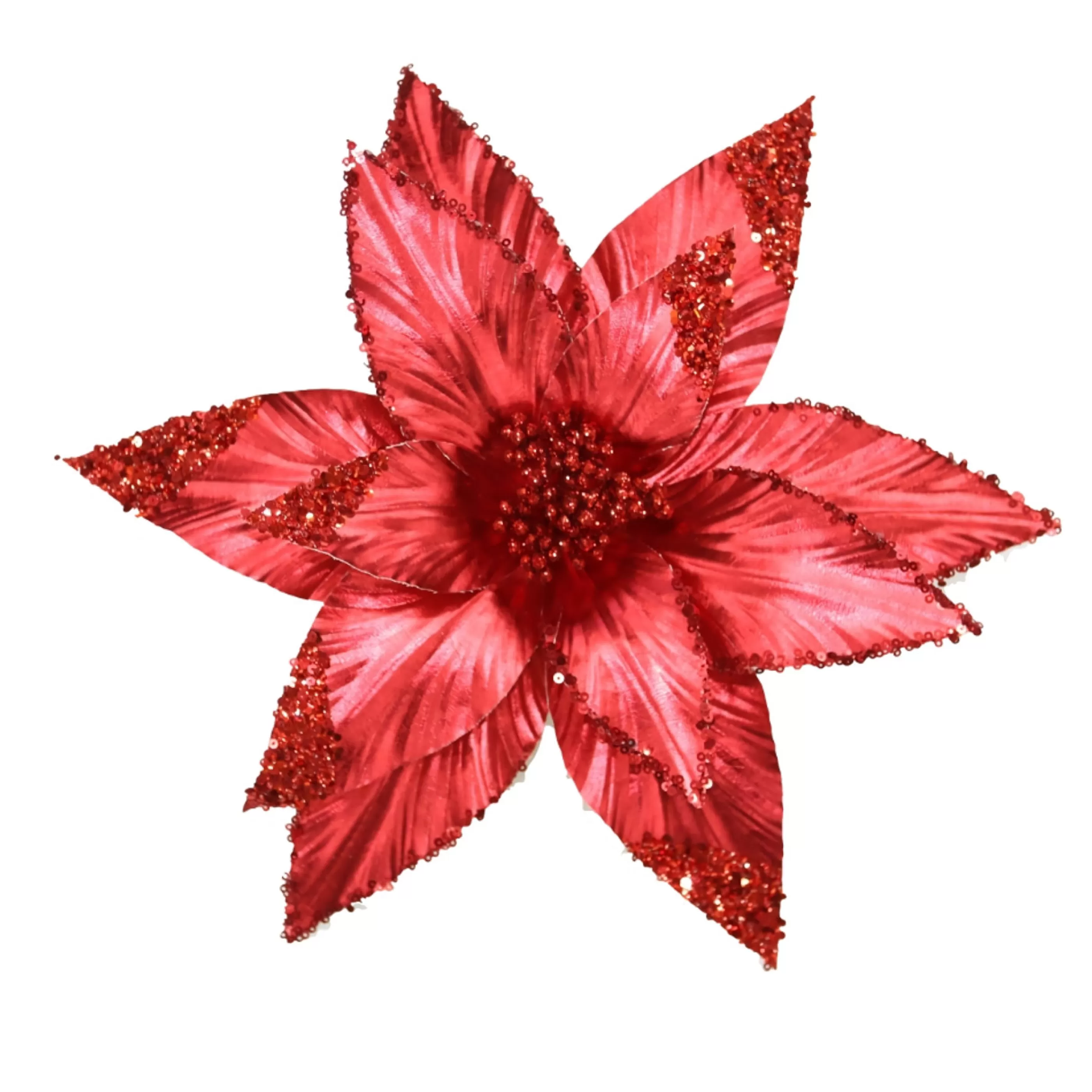 * Poinsettia Decorations | Ice Red Metallic Poinsettia On Clip - 33Cm