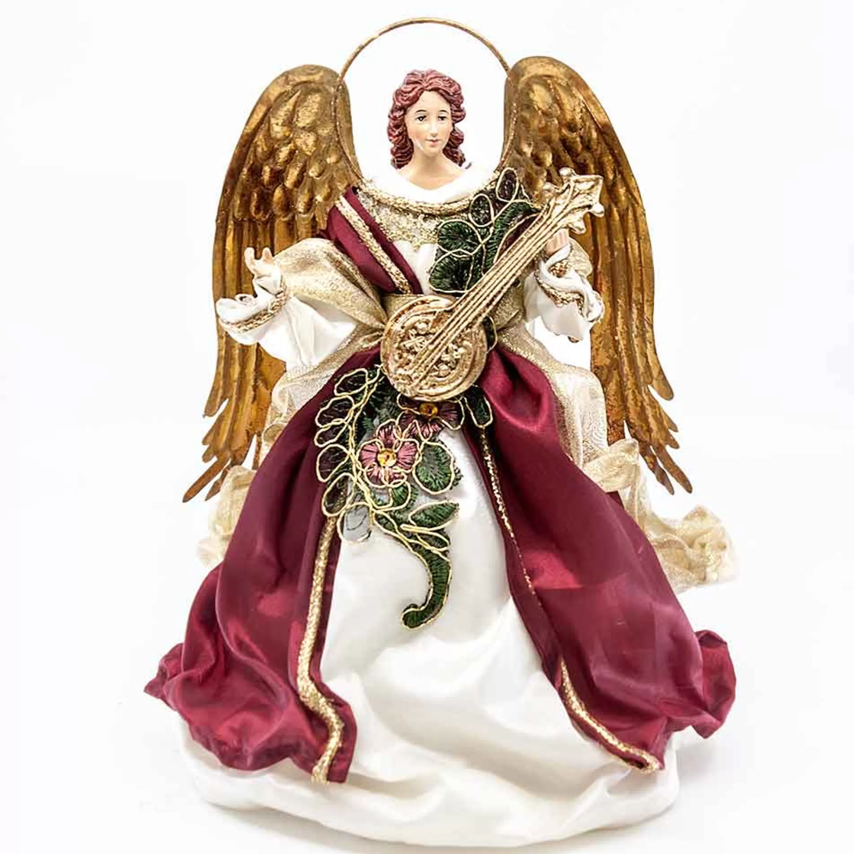 Flash Sale * Ivory Burgundy Standing Angel With Mandolin Halo - 25Cm