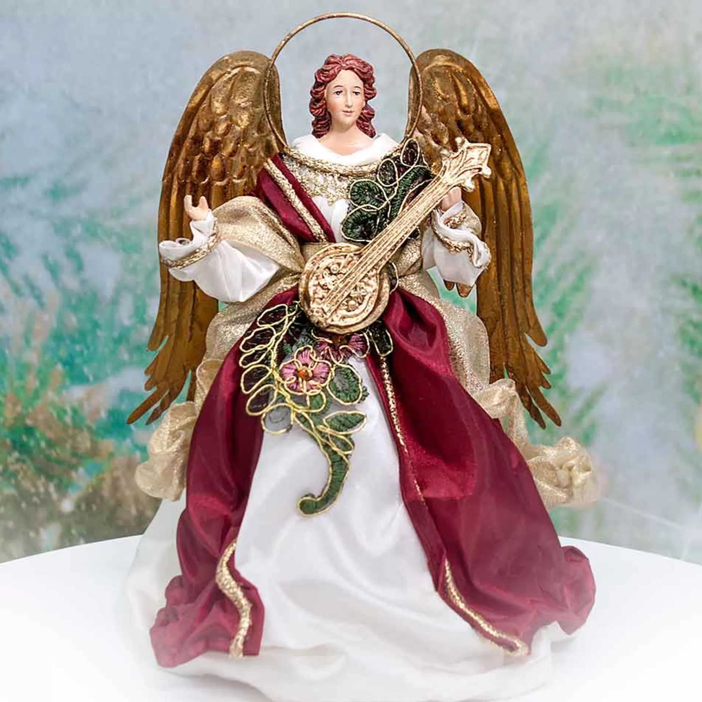 Flash Sale * Ivory Burgundy Standing Angel With Mandolin Halo - 25Cm