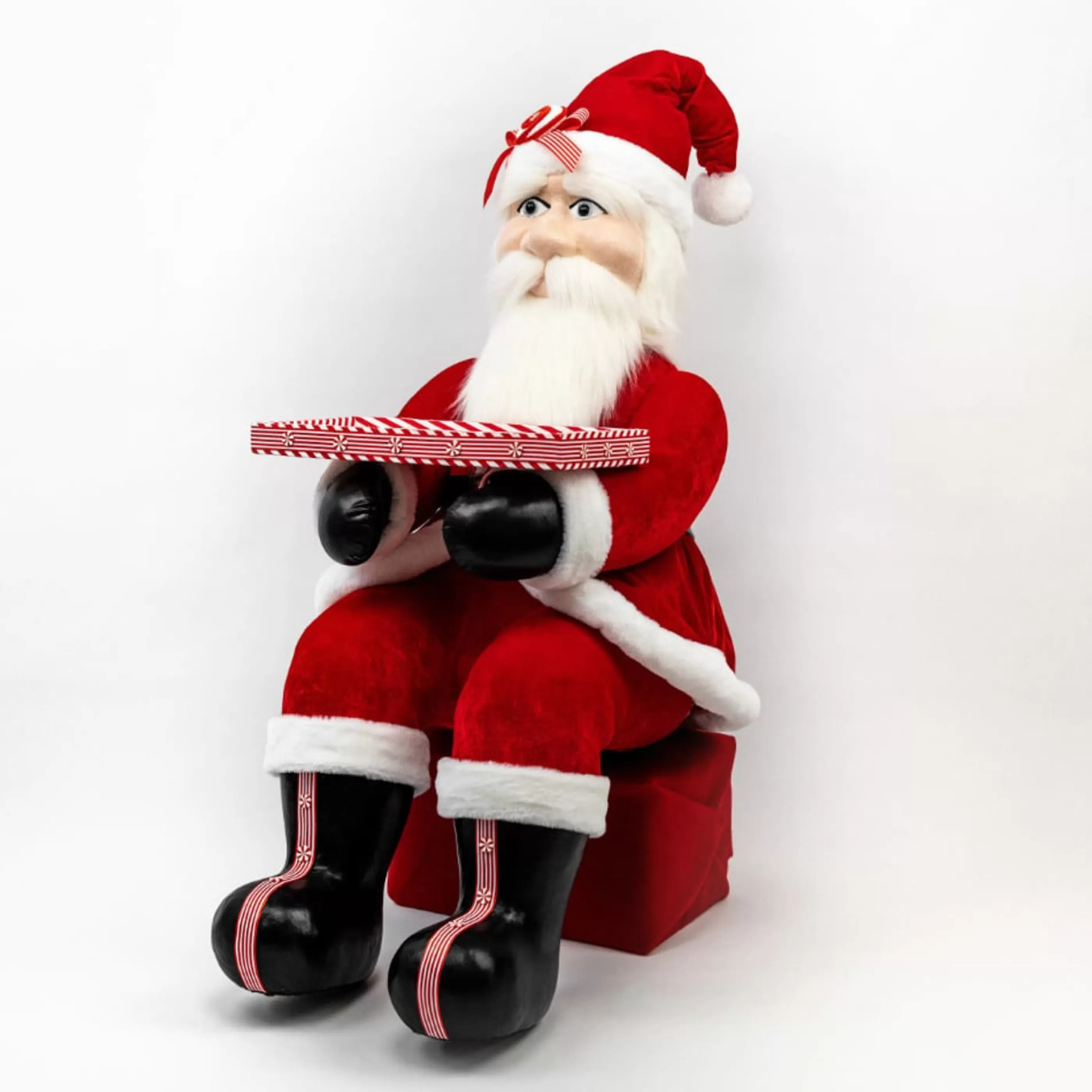 * Gingerbread Candy Christmas | Large Red White Sitting Santa Claus With Tray - 103Cm