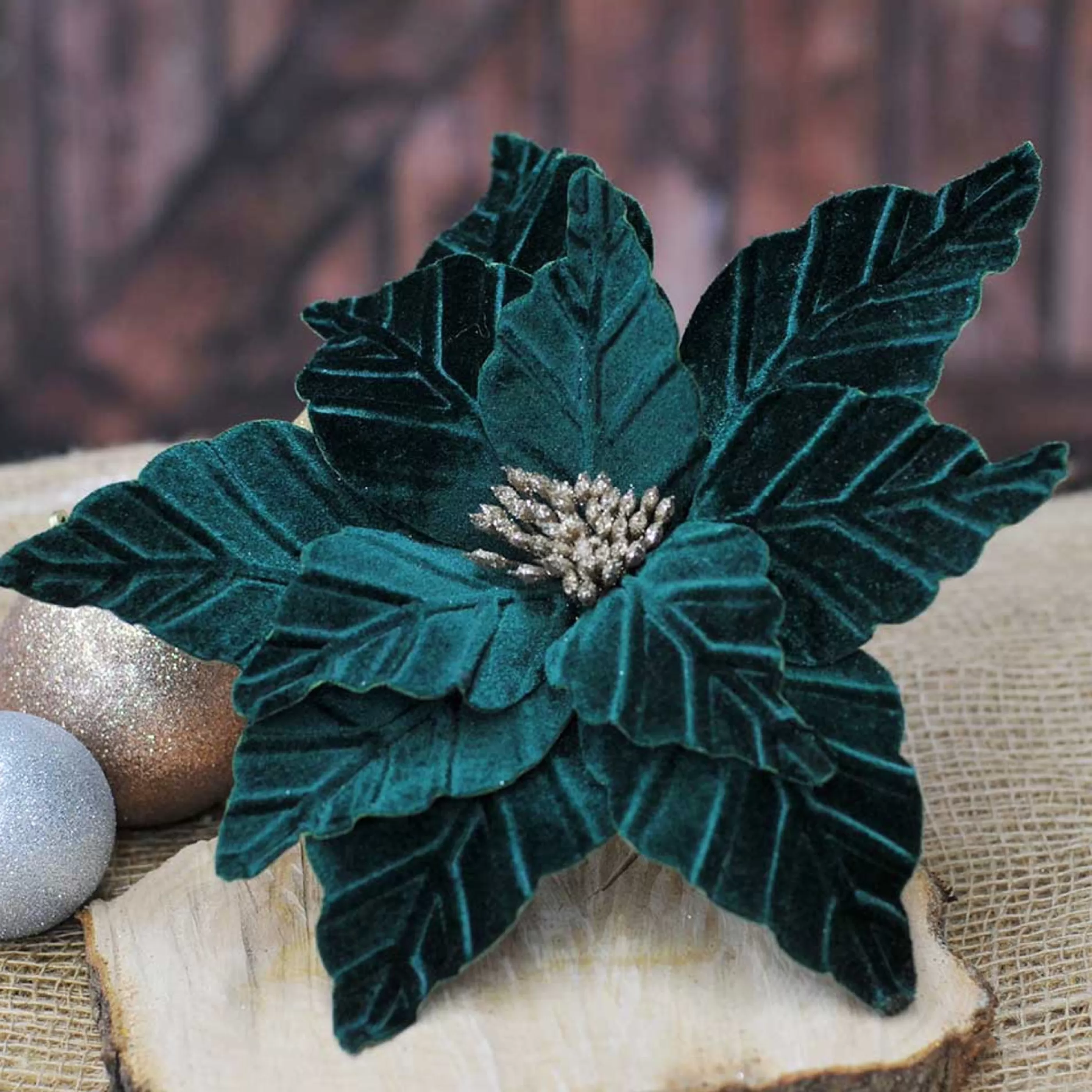 * Poinsettia Decorations | Lush Dark Green Velvet Poinsettia- 32Cm