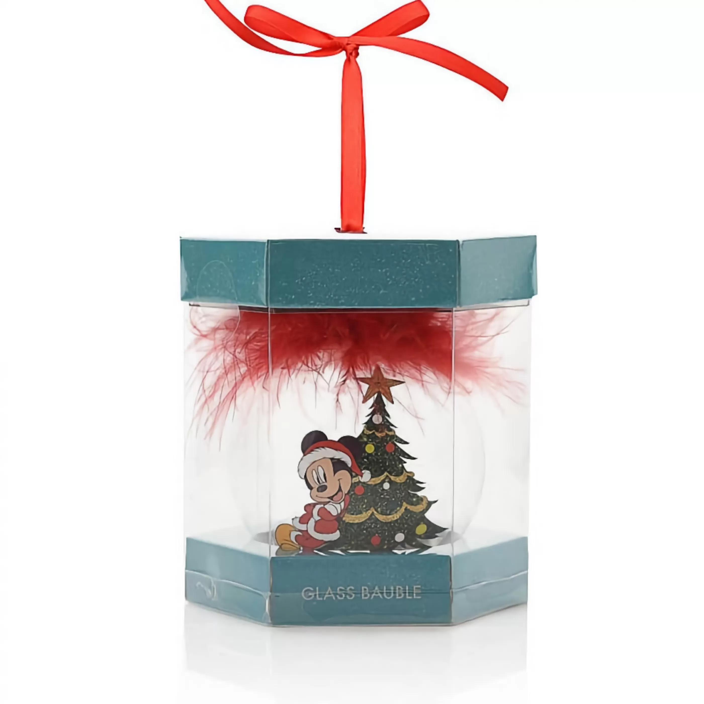 Disney Christmas Decorations Glass Ornaments | Mickey Mouse Feather Glass Bauble - 7.5Cm