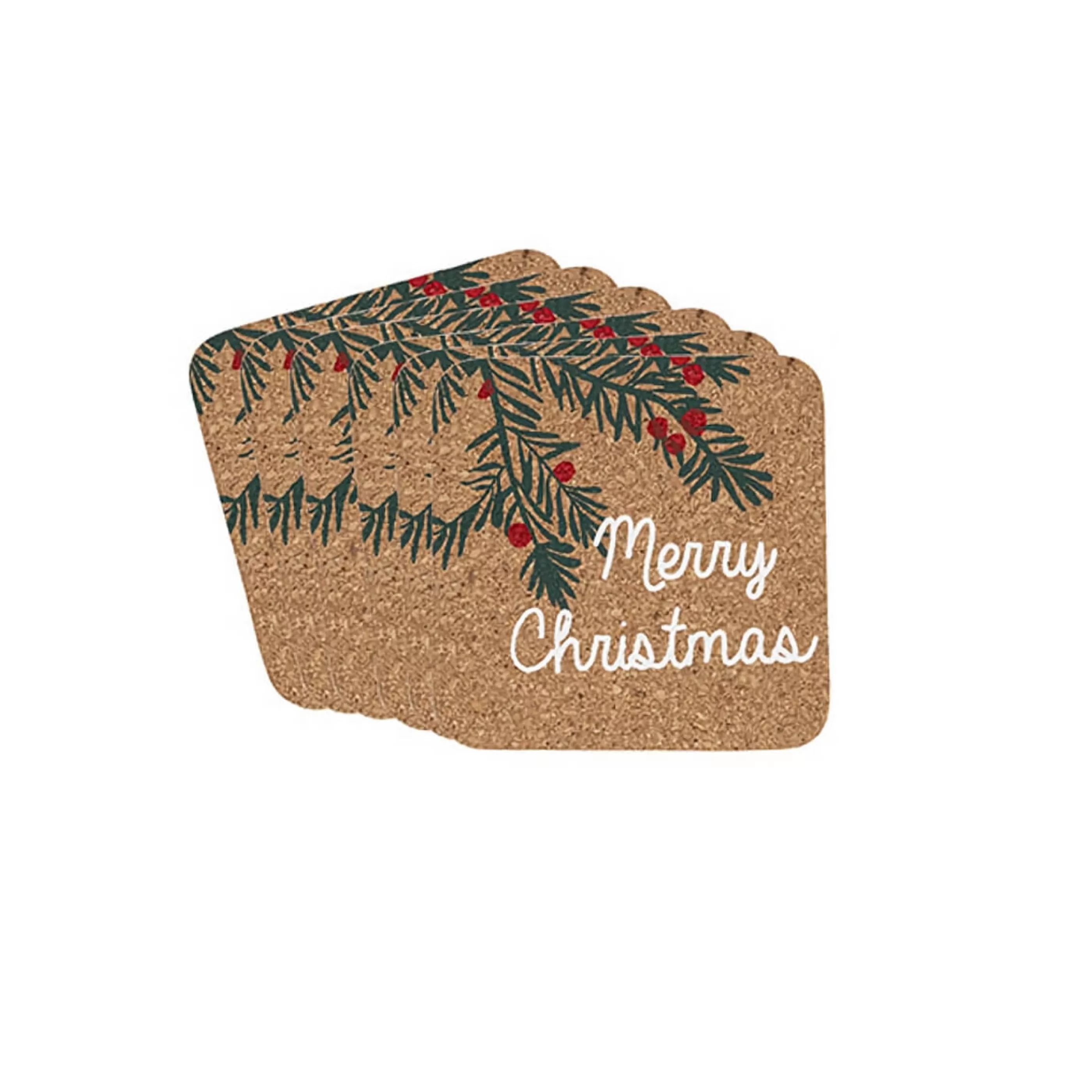 * Table Top Decorations | Natural Merry Christmas Square Coaster (Pack Of 6) - 10Cm