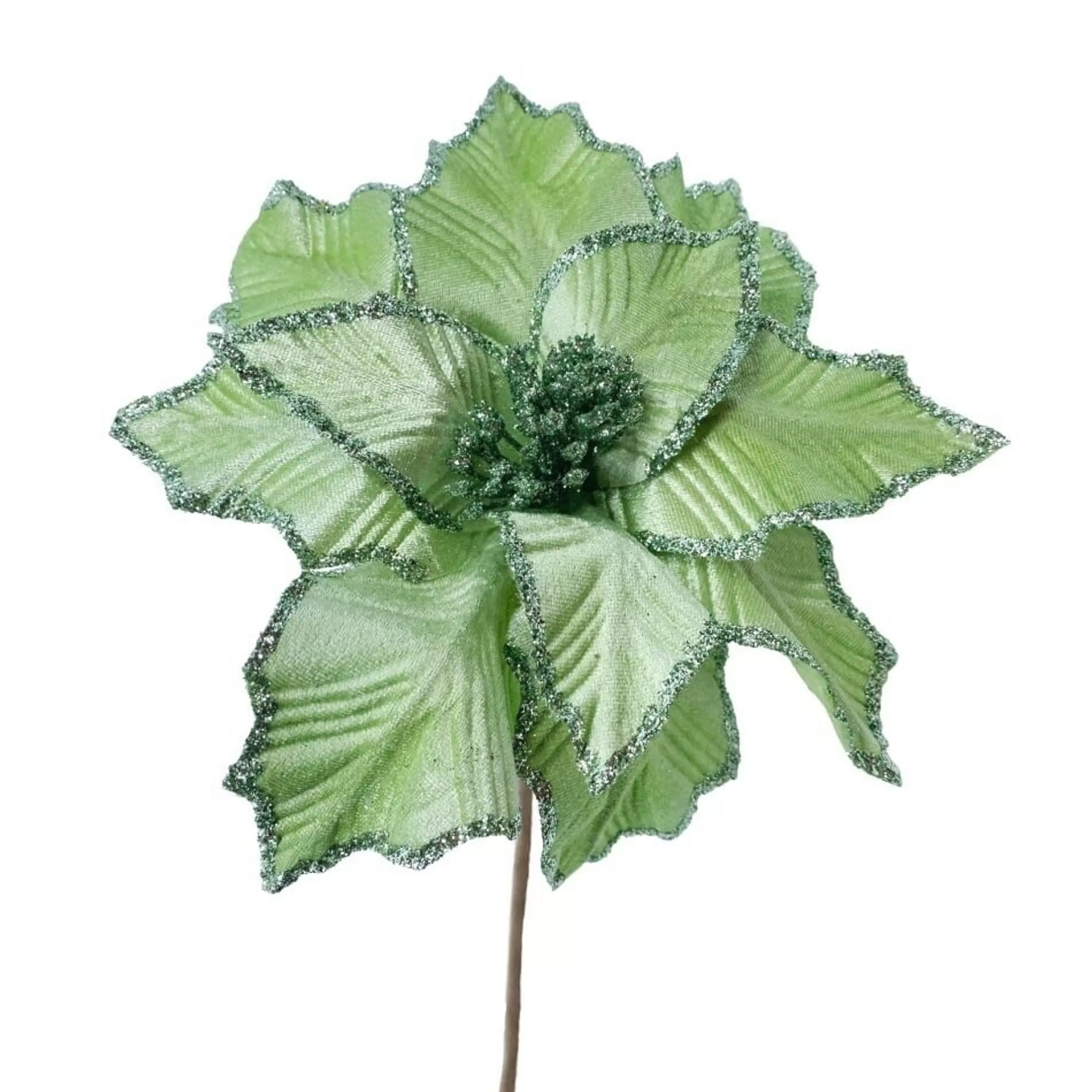 * Poinsettia Decorations | Poinsettia With Glittered Edge Frozen Green - 30Cm