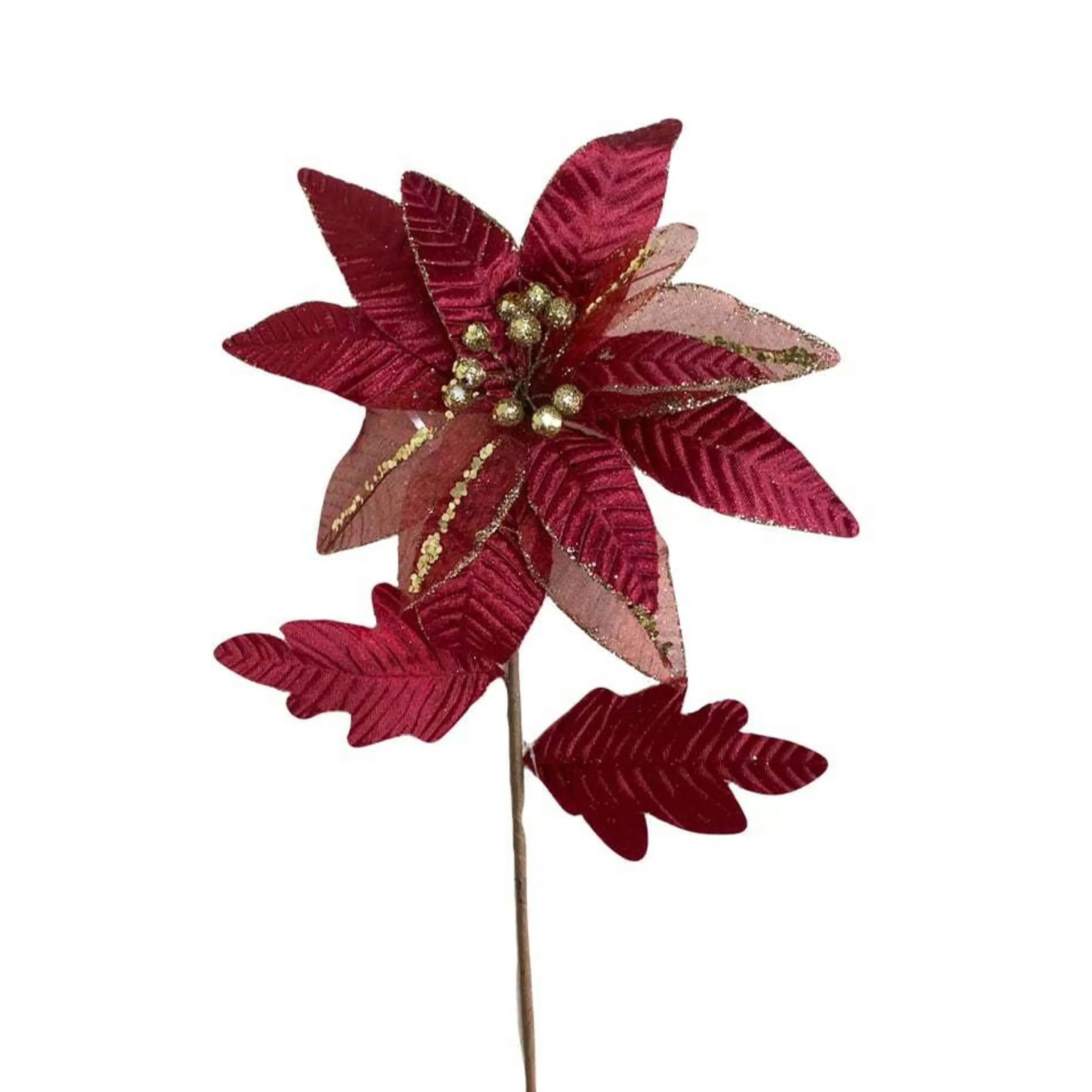 * Poinsettia Decorations | Poinsettia With Leaf Burgundy- 31Cm