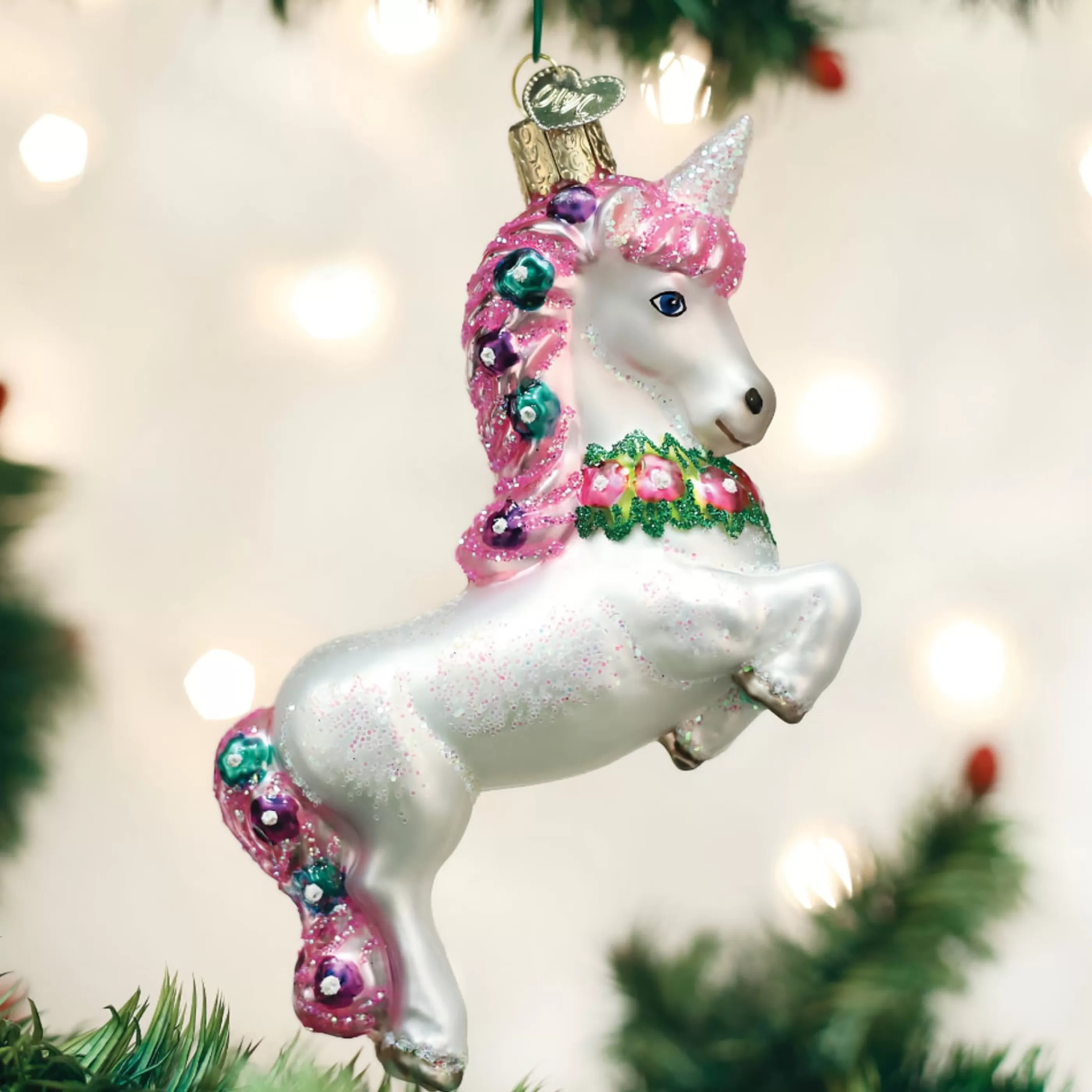 Old World Christmas Glass Hanging Christmas Ornaments | Prancing Unicorn Glass Ornament - 12Cm