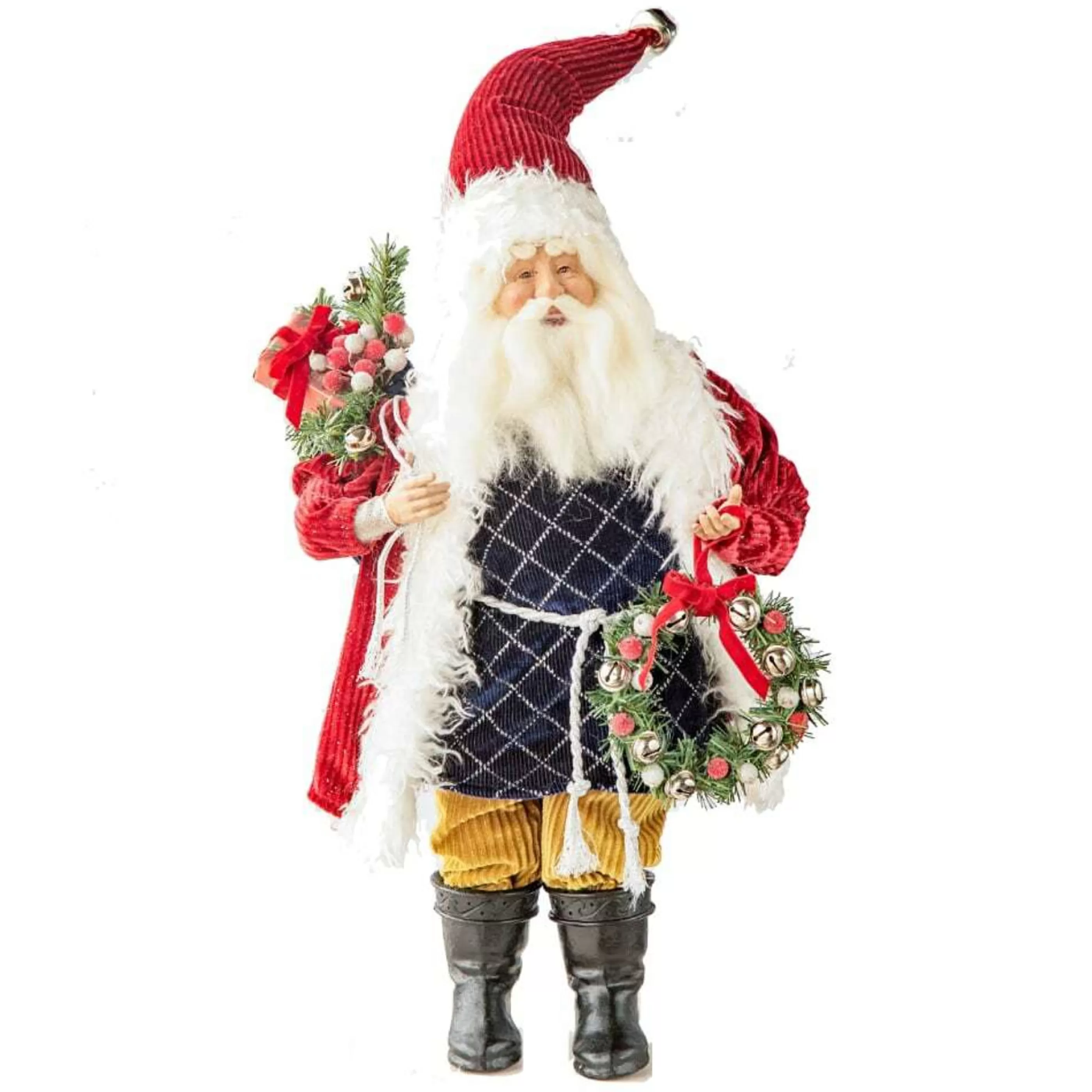 Flash Sale * Red Black Gold Santa With Wreath And Sack - 52.5Cm