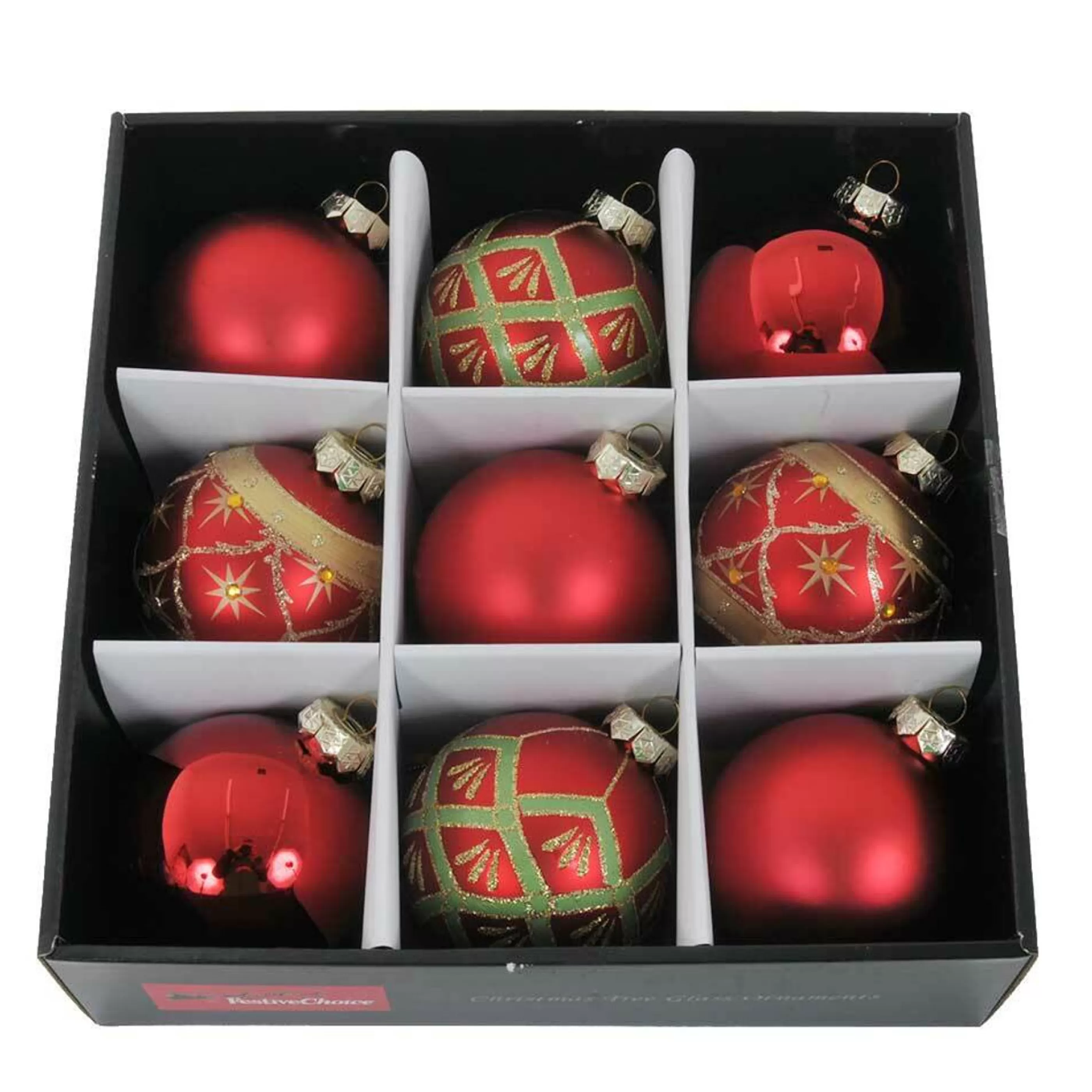 * Glass Ornaments | Red Glass Mixed Baubles (Set Of 9) - 8Cm