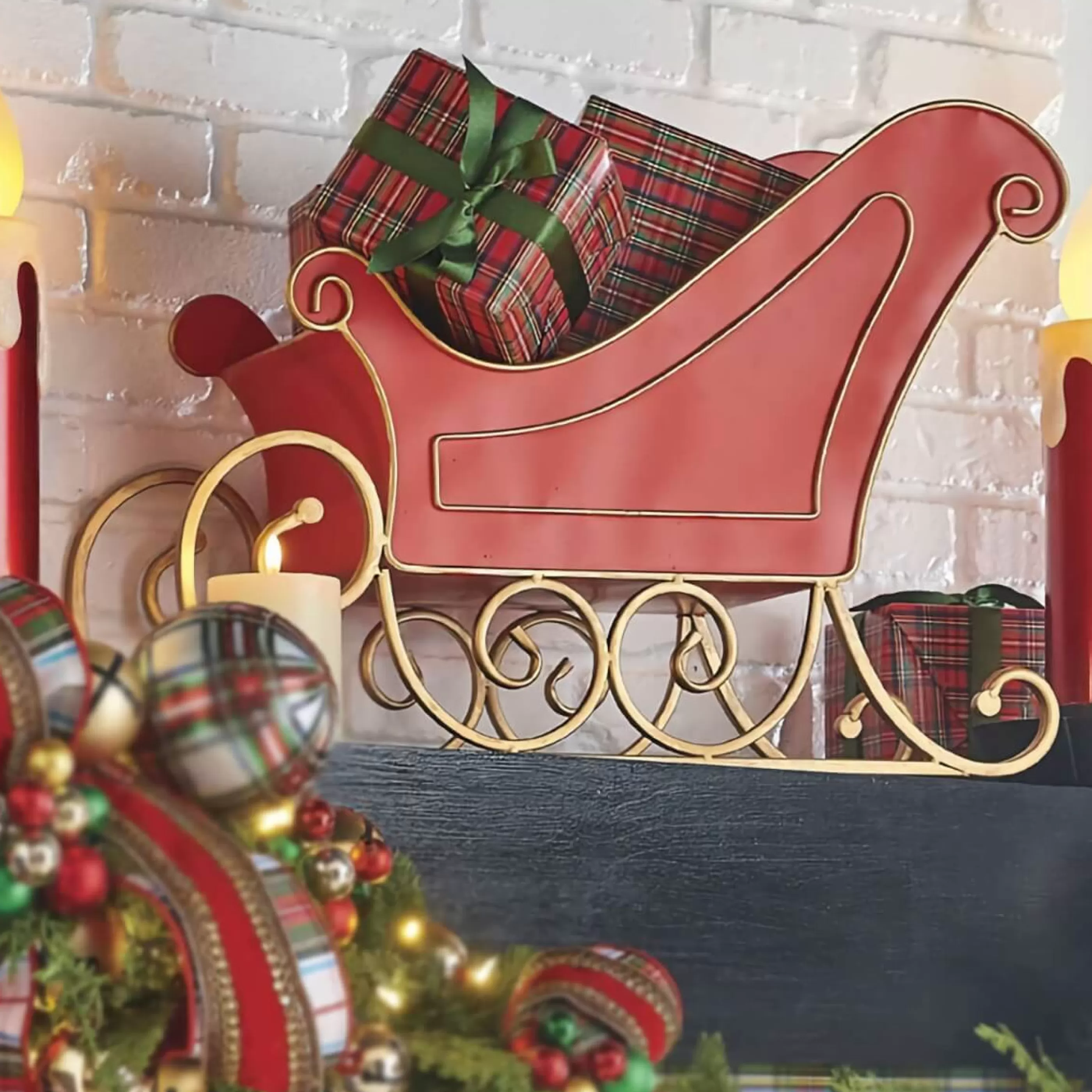 RAZ Imports Christmas Sleigh | Red Gold Metal Sleigh - 62Cm