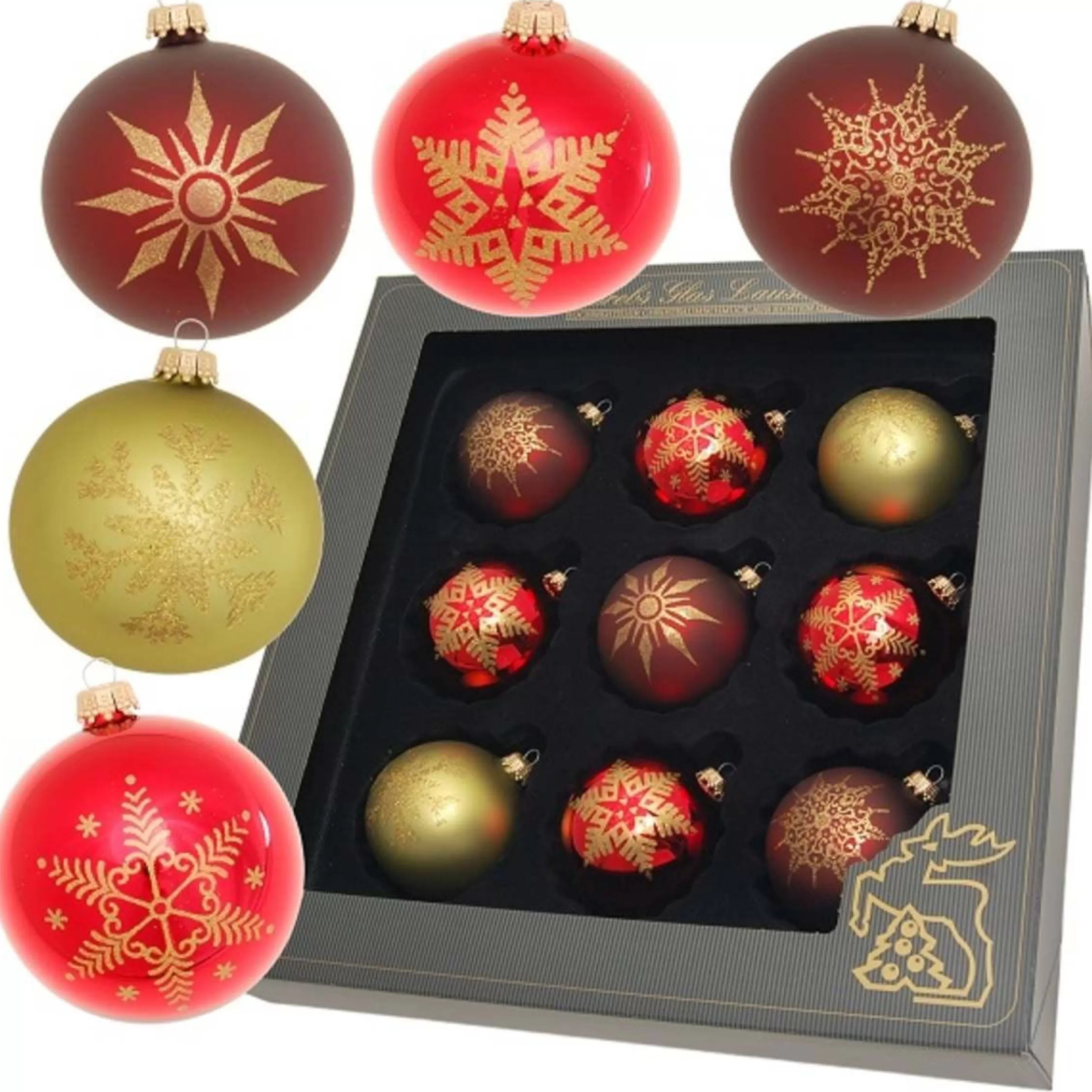 * Hanging Christmas Baubles | Red Gold Snowflake Glass Baubles (Set Of 9) - 8Cm